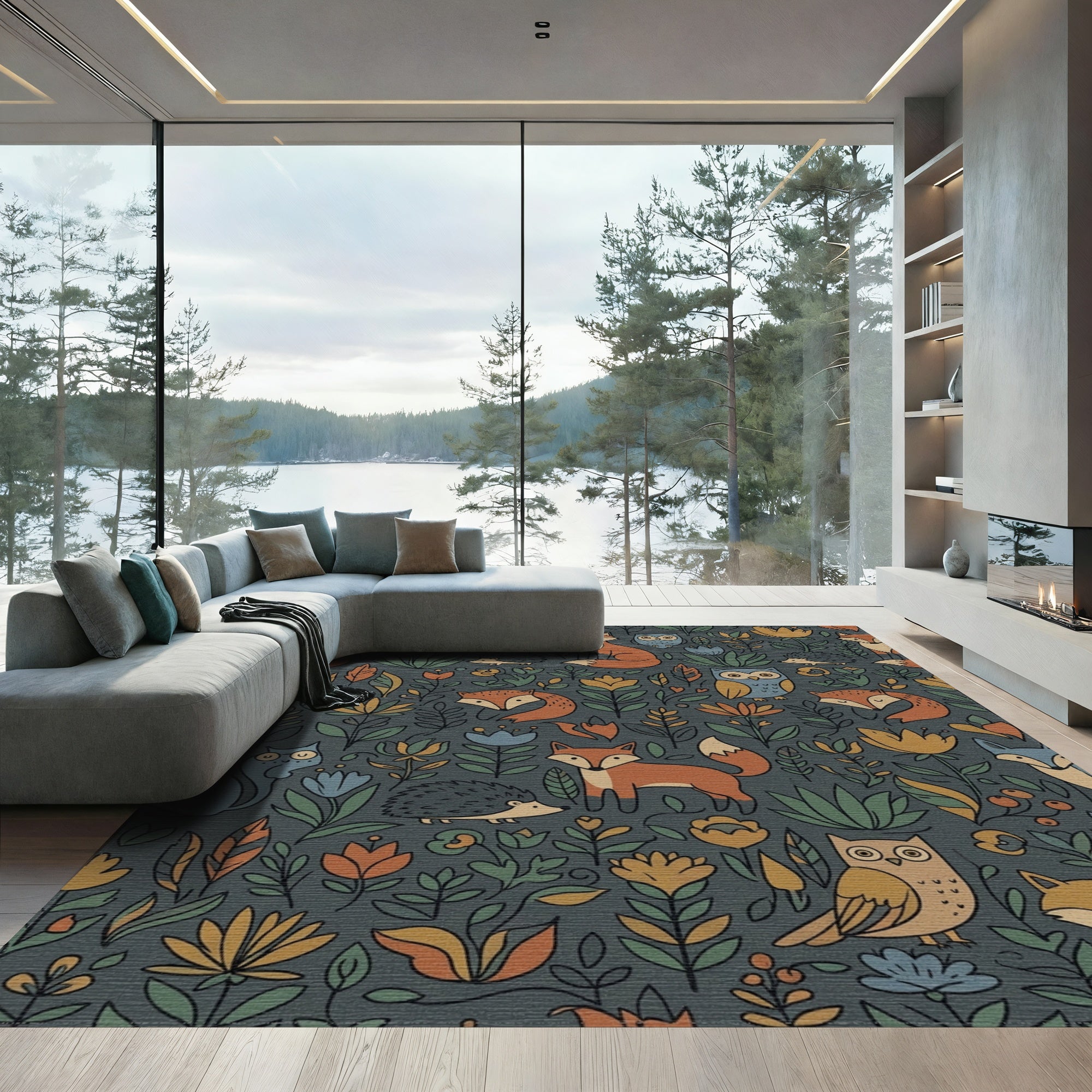 Woodland Creatures Foliage Mid Century Rug