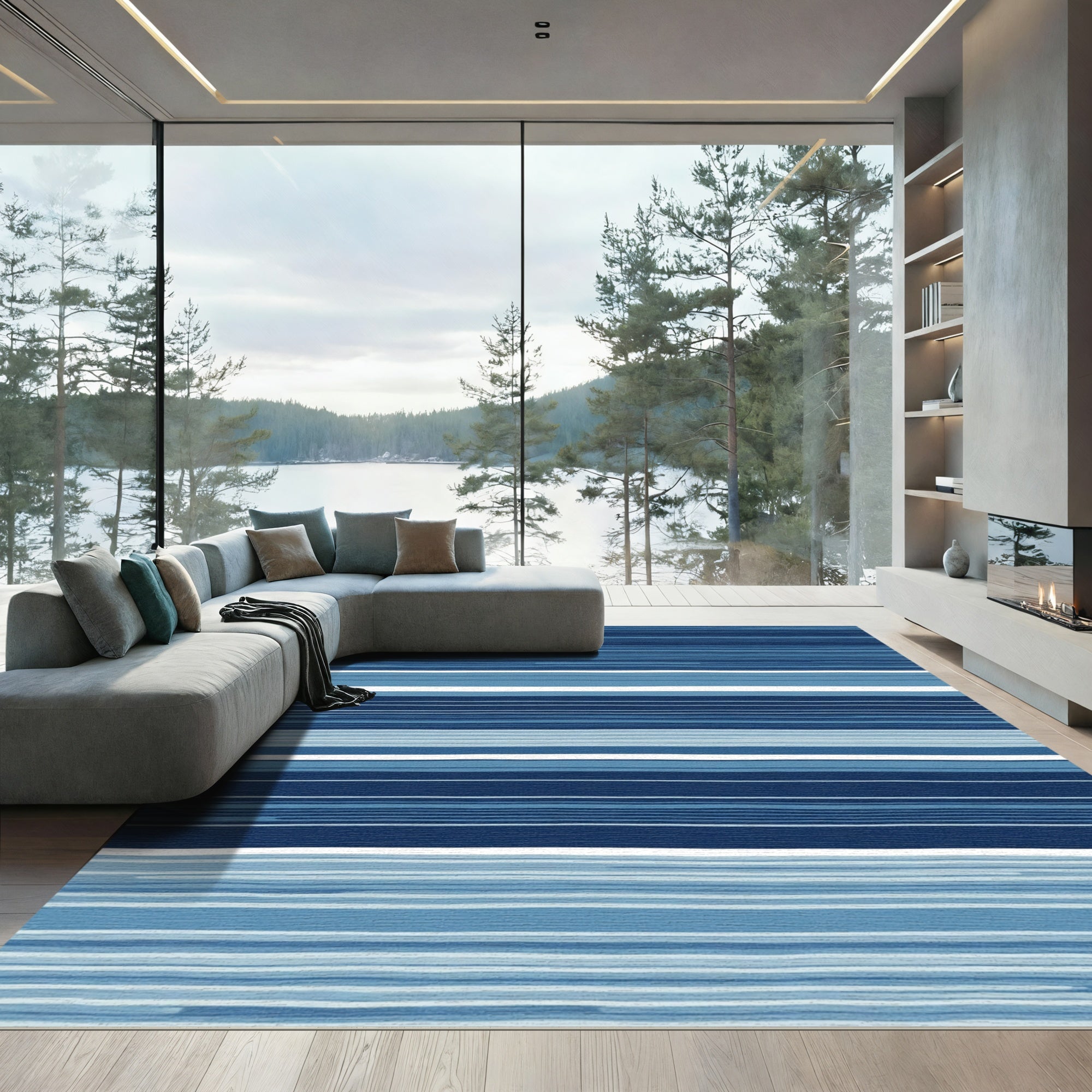 Deep Blue Horizontal Stripes Rug