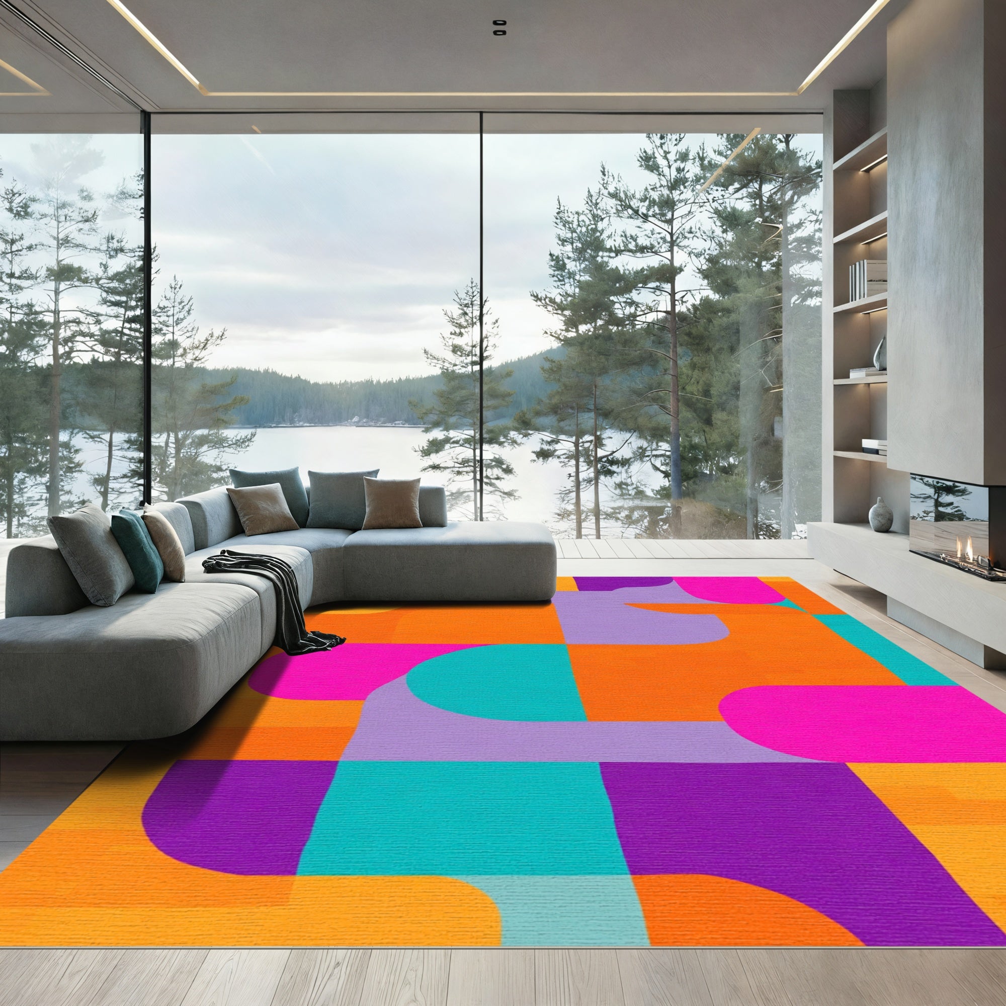 Vibrant Geometric Colorful Abstract Waves Rug