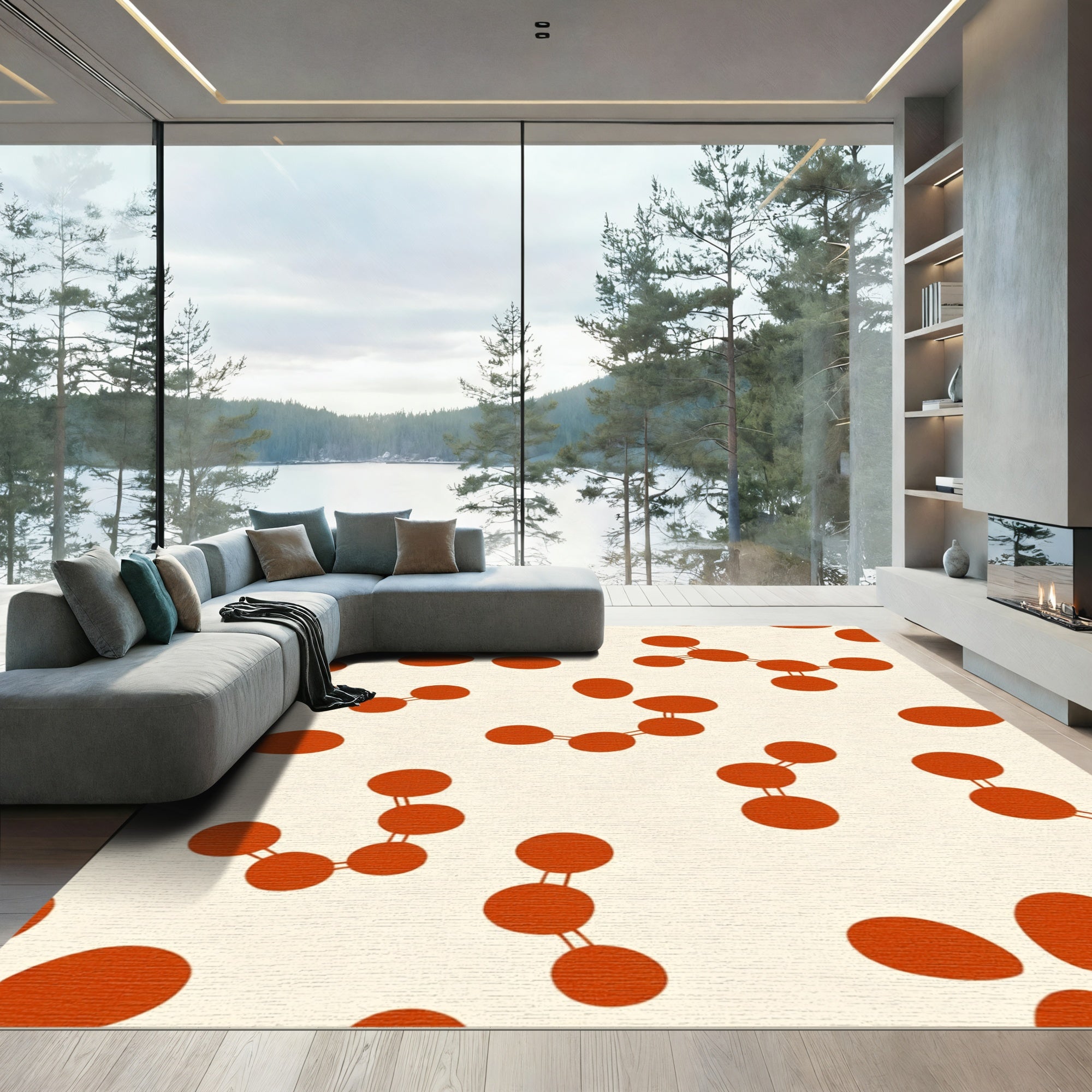 Orange Atomic Structure On Cream Rug