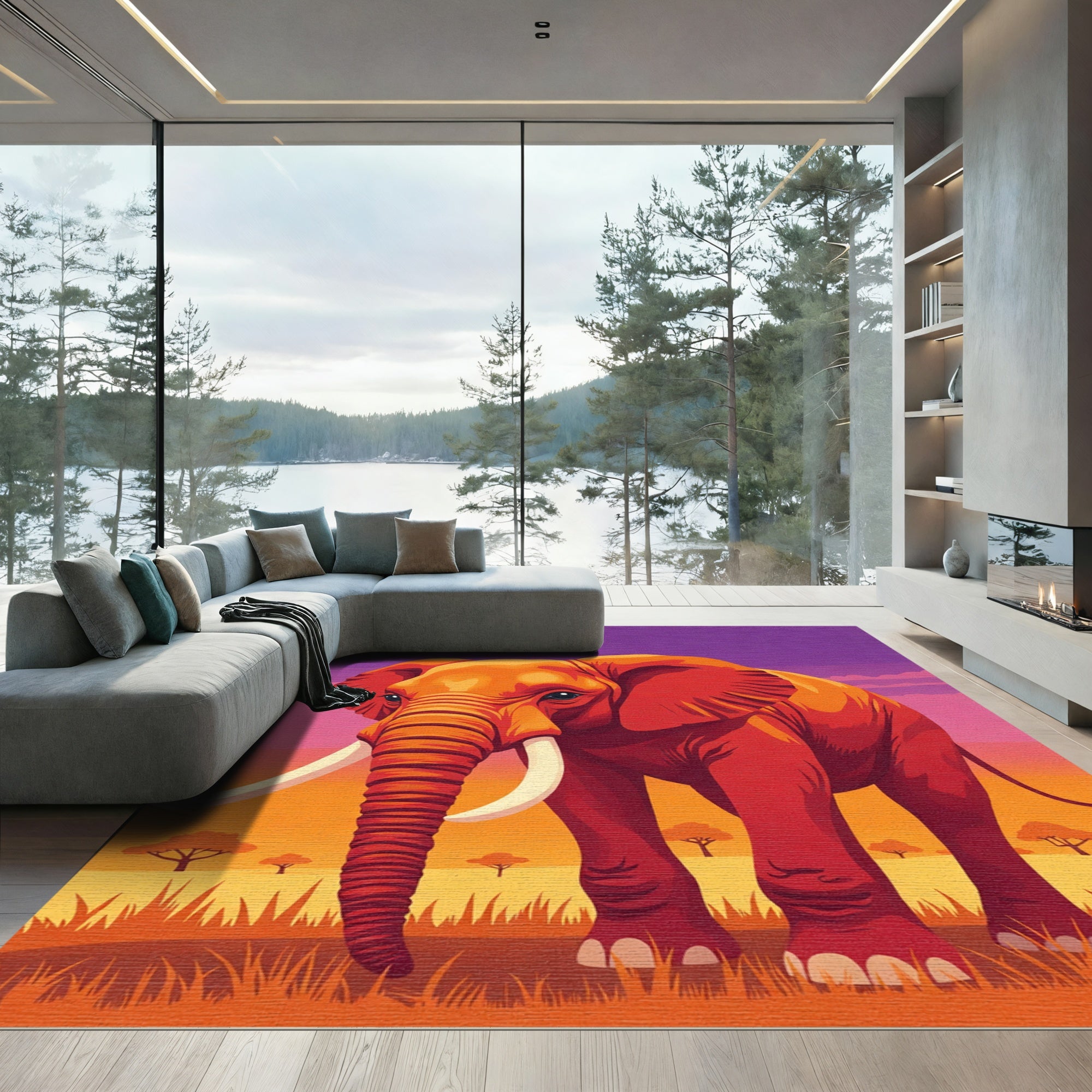 Orange Elephant Savannah Sunset Sky Rug
