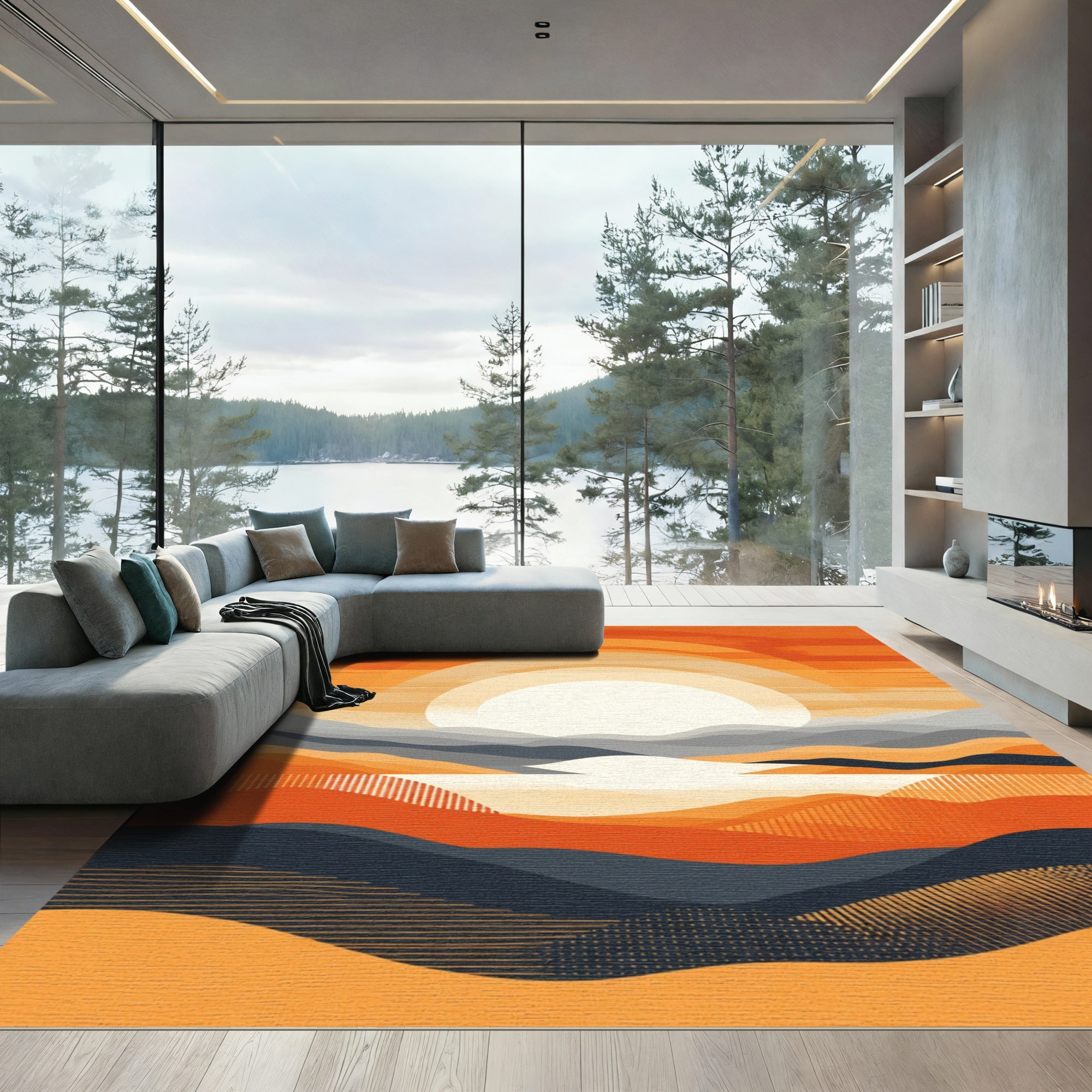 Vibrant Orange Layered Mountain Sunset Rug