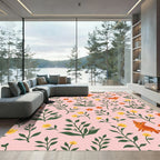 Whimsical orange foxes yellow blooms Rug