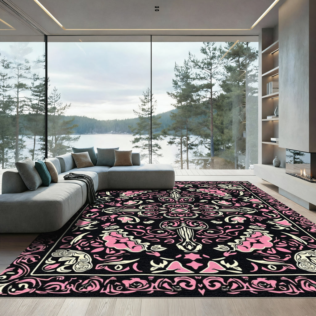 Ornate Pink Black Scroll Medallion Rug