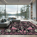Ornate Pink Black Scroll Medallion Rug
