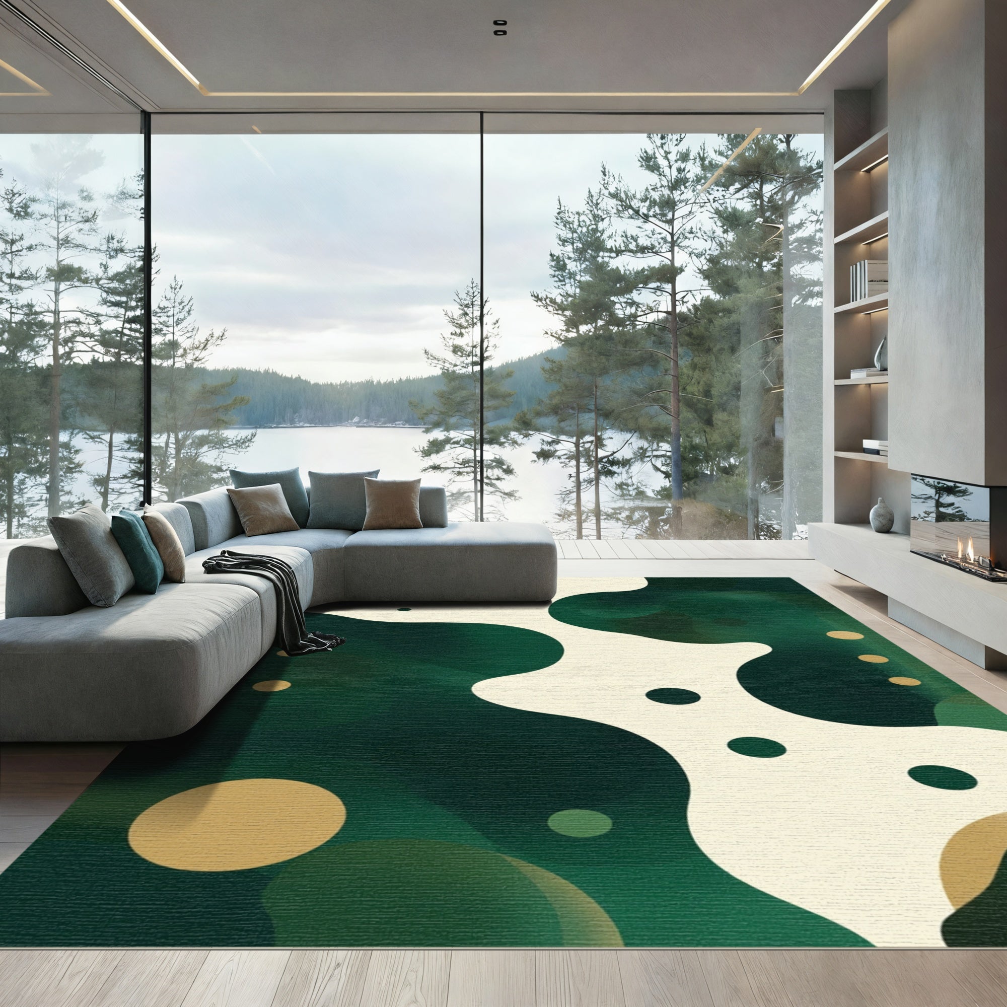 Abstract Green Cream Gold Dots Rug