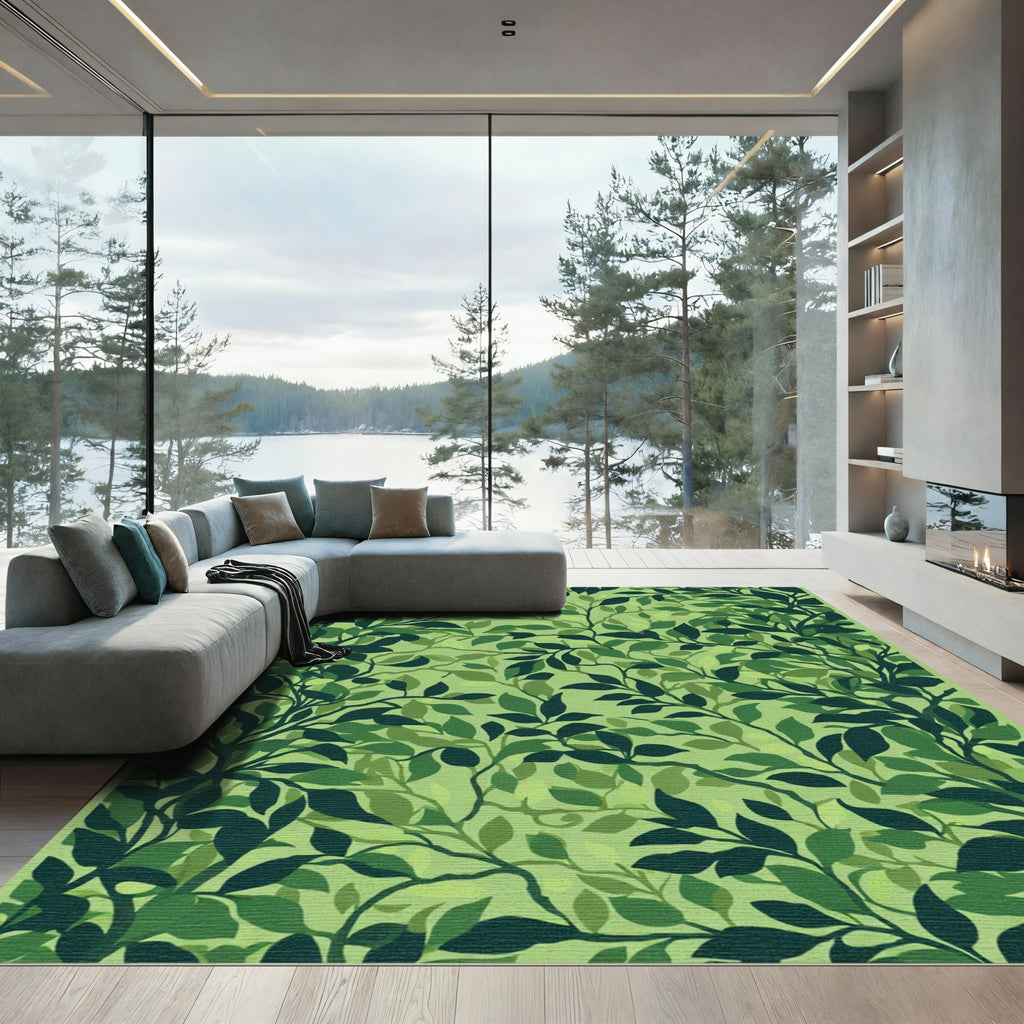 Vibrant Leafy Green Branch Cluster Rug