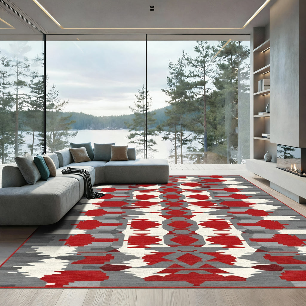 Crimson Red Gray Geometric Blocks Rug
