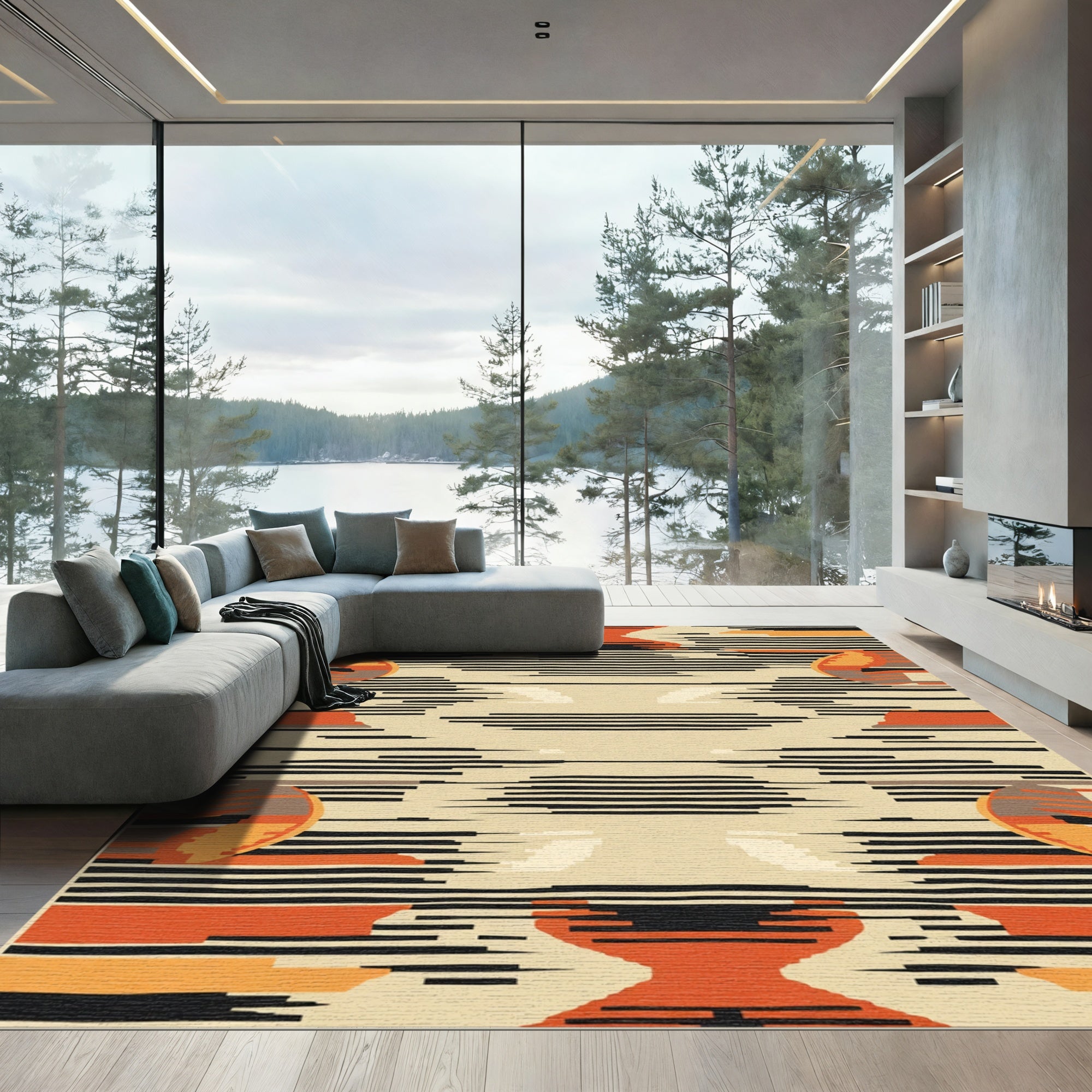 Modern Orange Black Abstract Horizon Rug