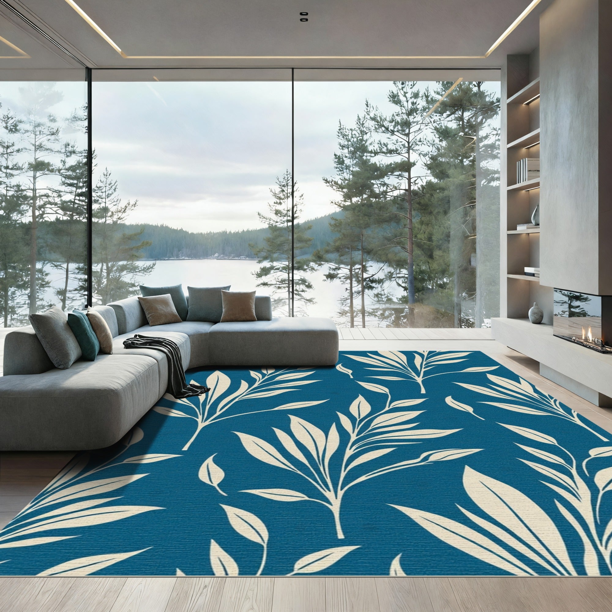 Cream Botanical Branchery Cobalt Blue Rug