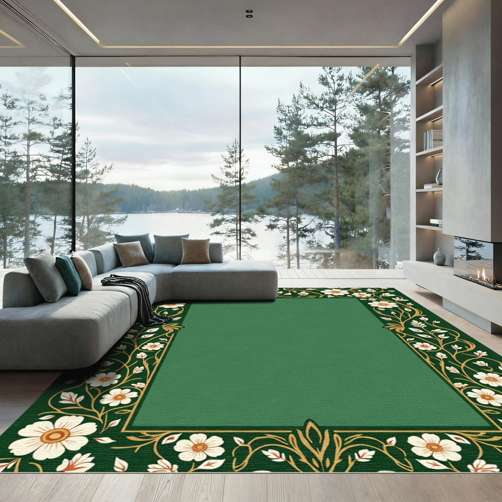 Dark Green Botanical Vine Border Rug