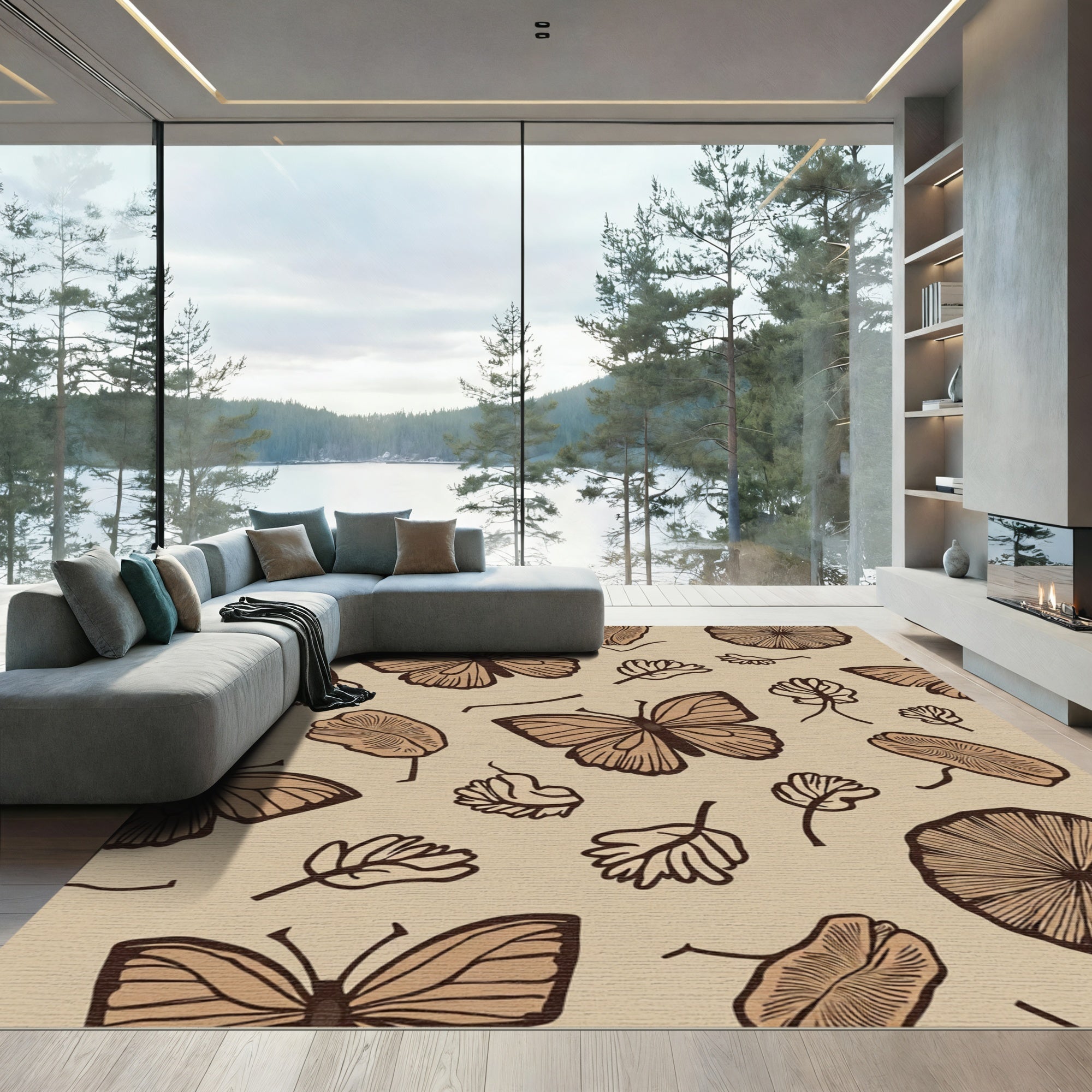 Earthy Butterflies Leaves Medallions Rug