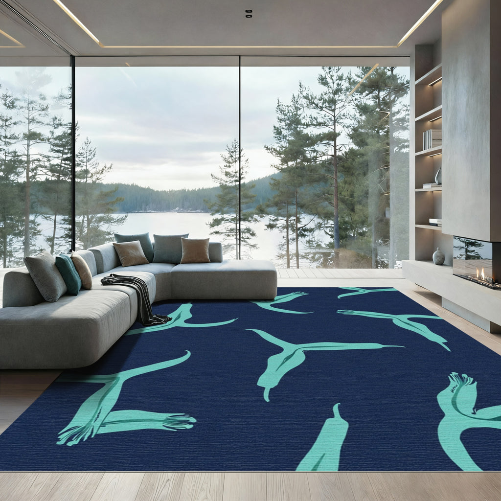 Aqua Petal Navy Background Rug