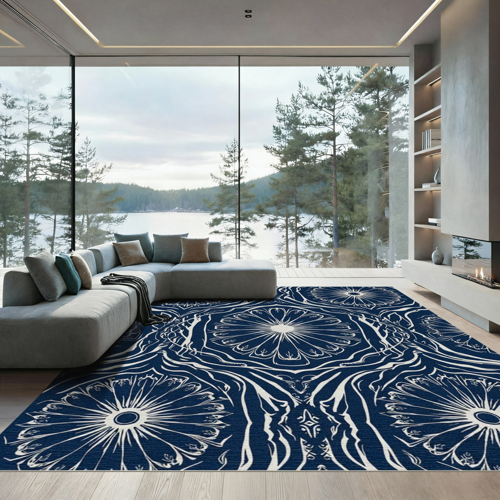Navy Cream Sunburst Mandala Art Rug