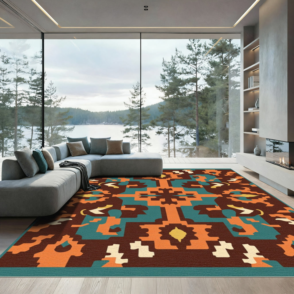 Abstract Terracotta Teal Symmetrical Medallion Rug