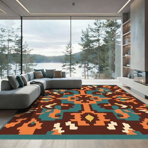Abstract Terracotta Teal Symmetrical Medallion Rug