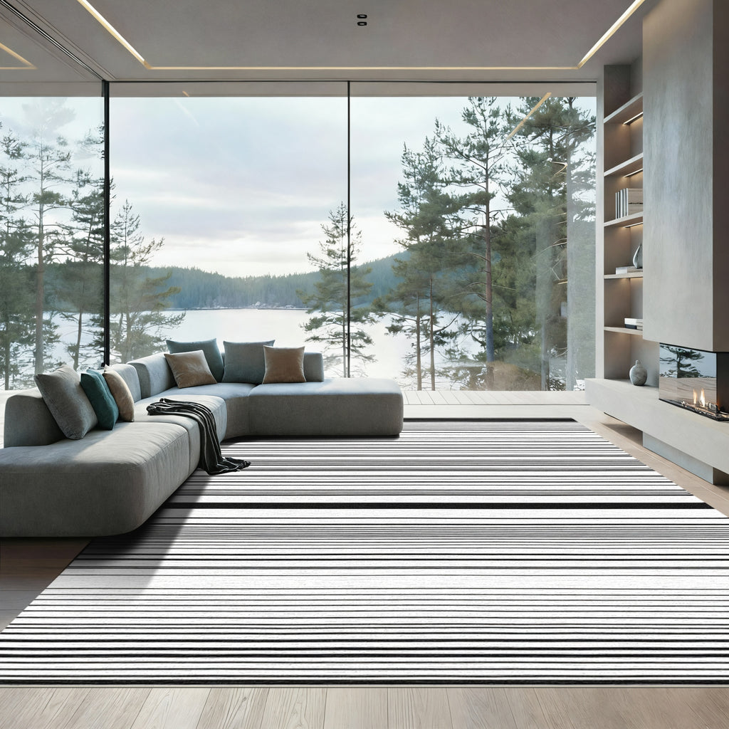 Black White Contemporary Line Rug