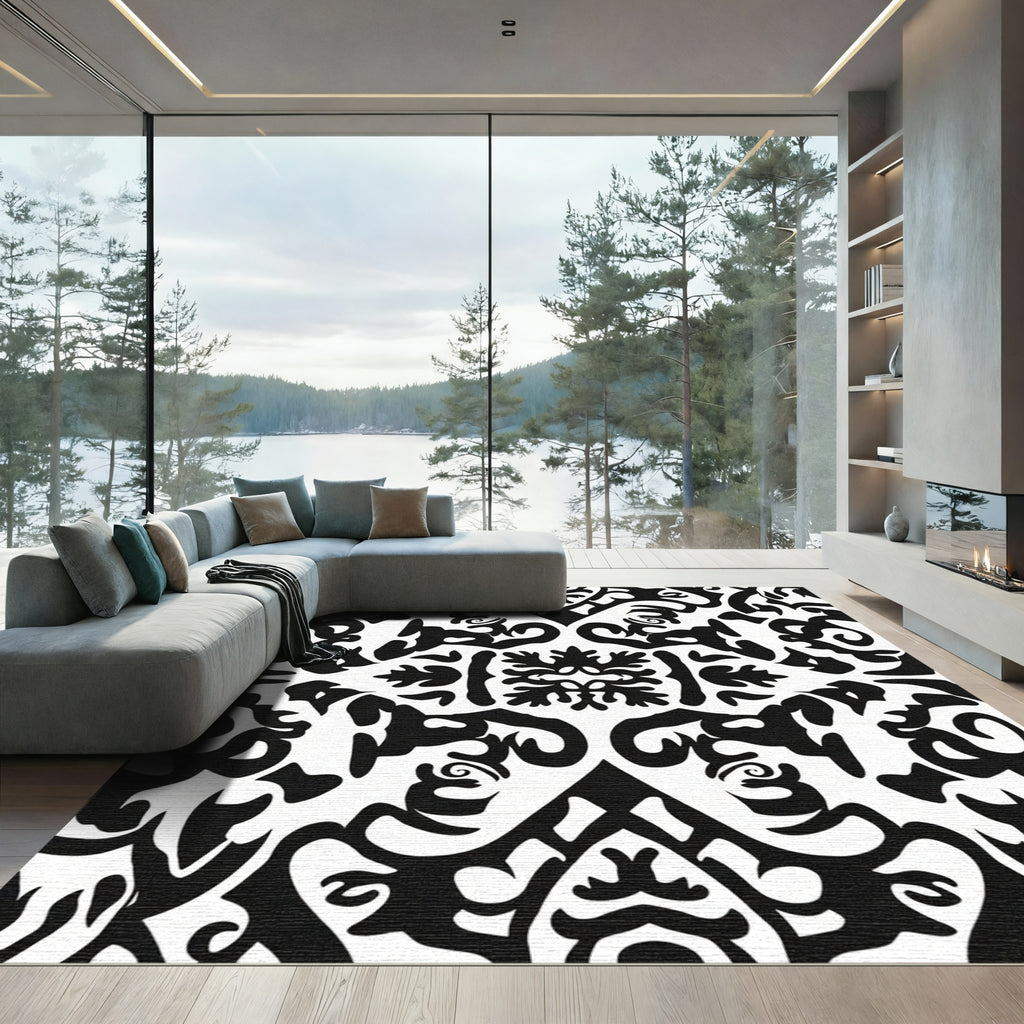 Bold Black And White Baroque Scroll Rug