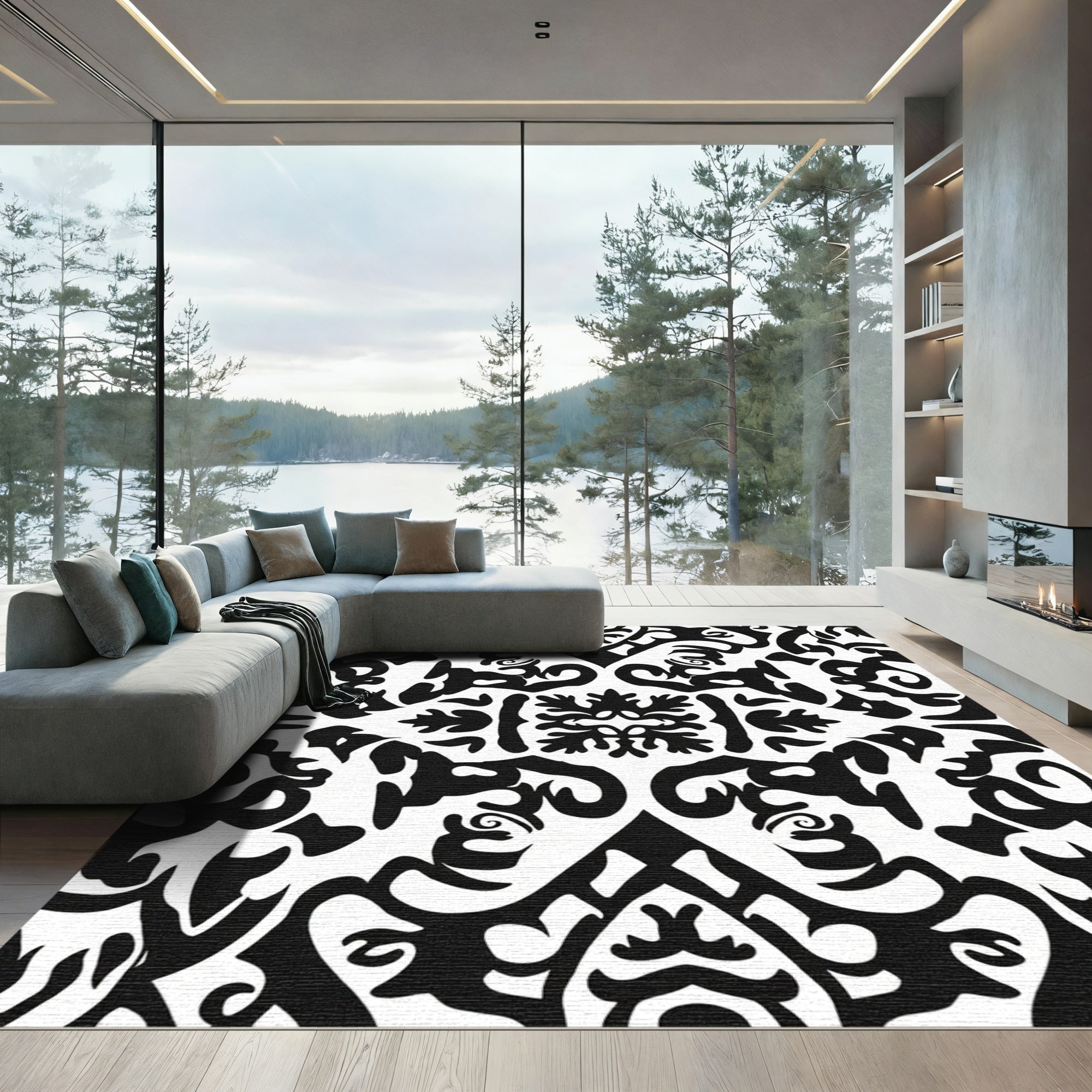 Bold Black And White Baroque Scroll Rug