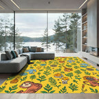 Whimsical Yellow Jungle Animals Herbal Pattern Rug