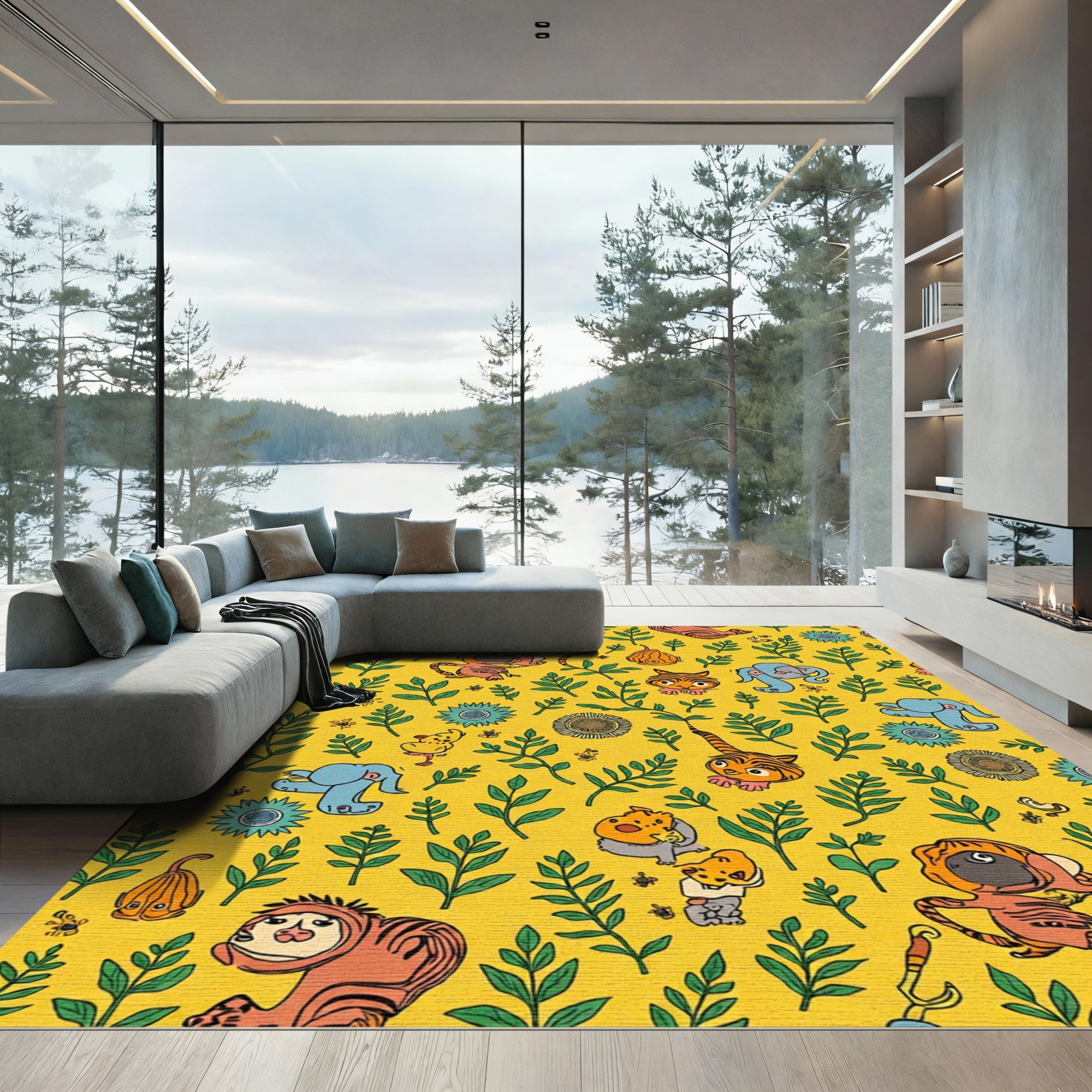 Whimsical Yellow Jungle Animals Herbal Pattern Rug