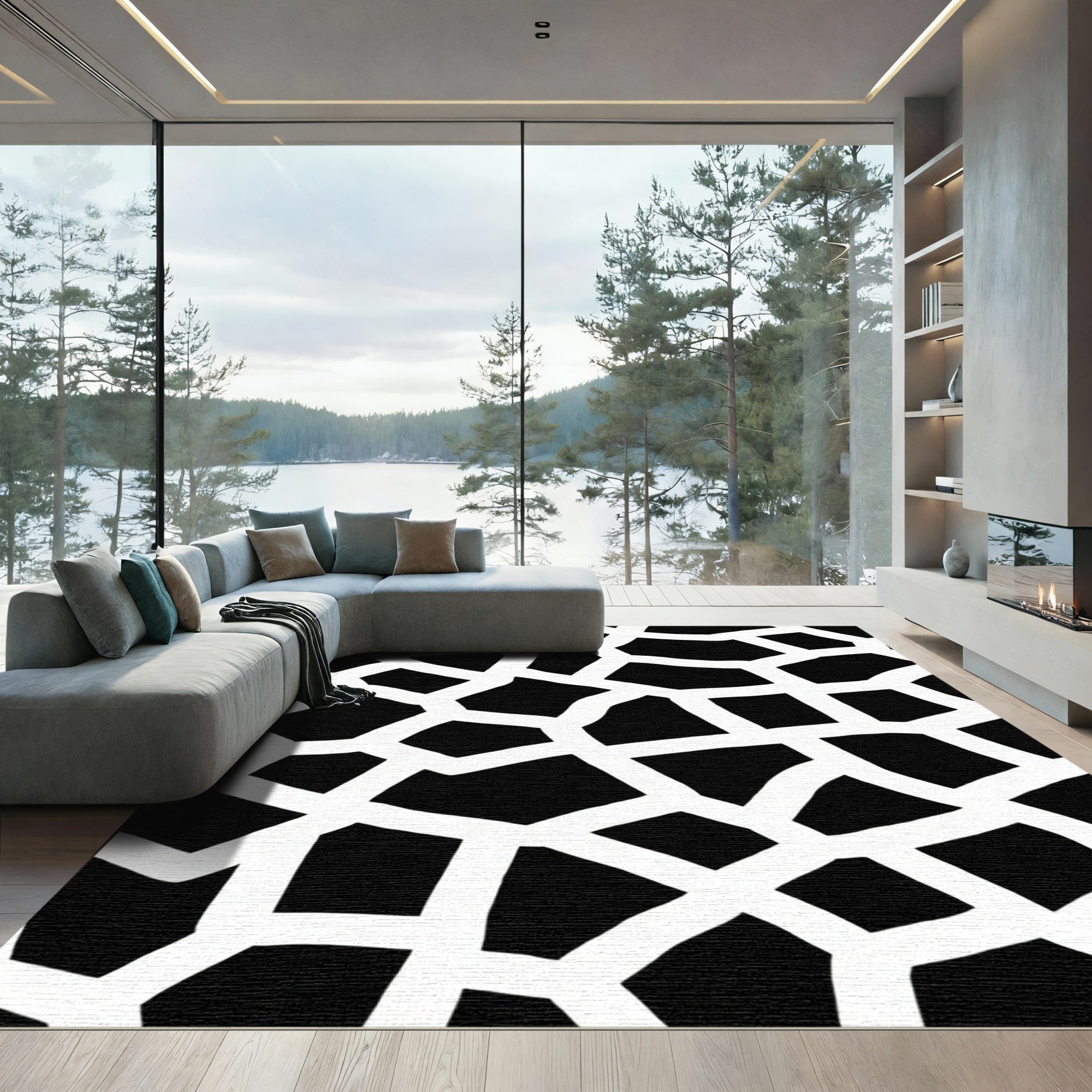Black White Jagged Network Rug