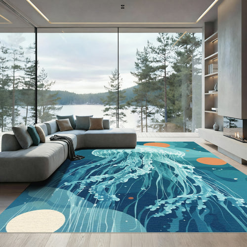 Aqua Jellyfish with Orange Orbs Rug