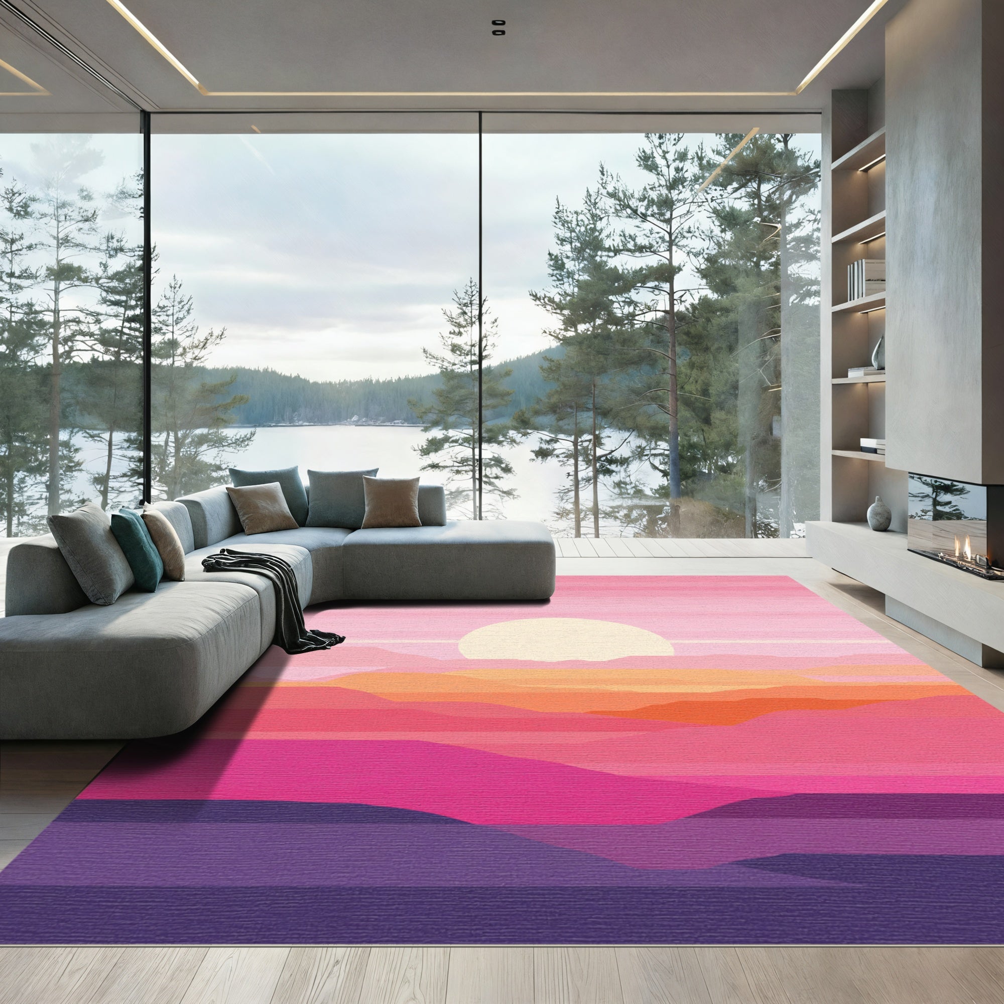 Pink Sunset Horizon Layered Landscape Rug