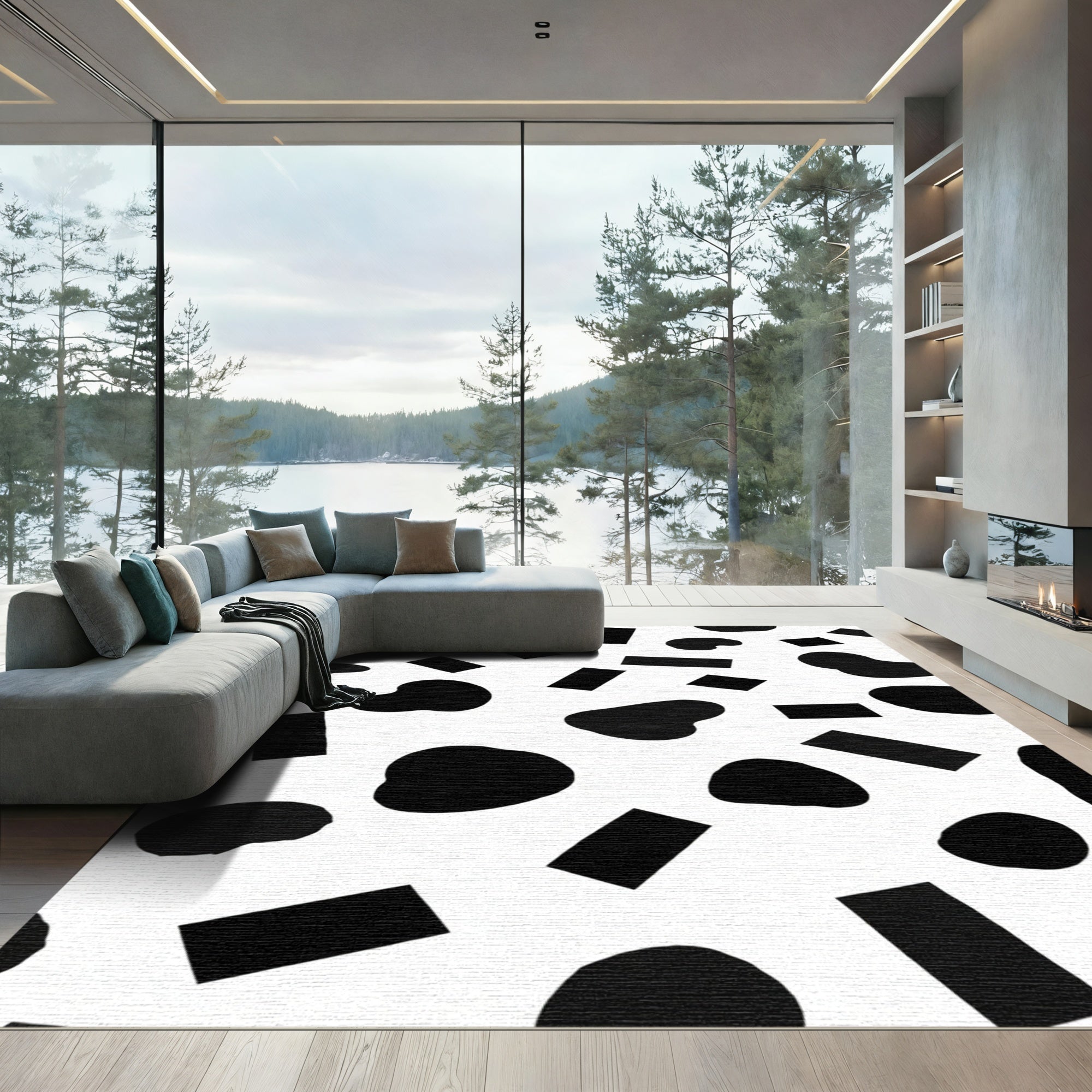 Black White Irregular Shapes Collage Rug