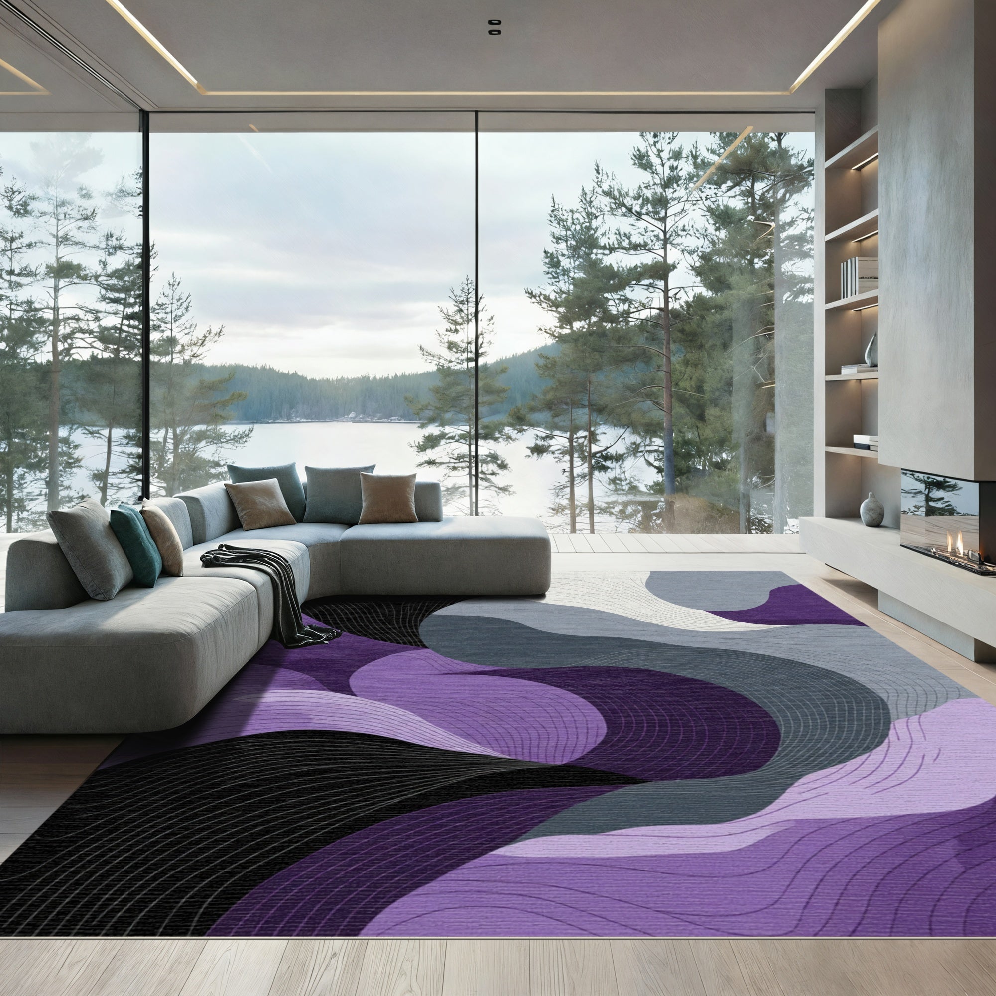 Abstract Purple Gray Flowing Waves Rug