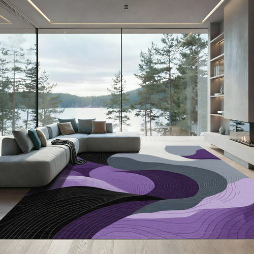 Abstract Purple Gray Flowing Waves Rug
