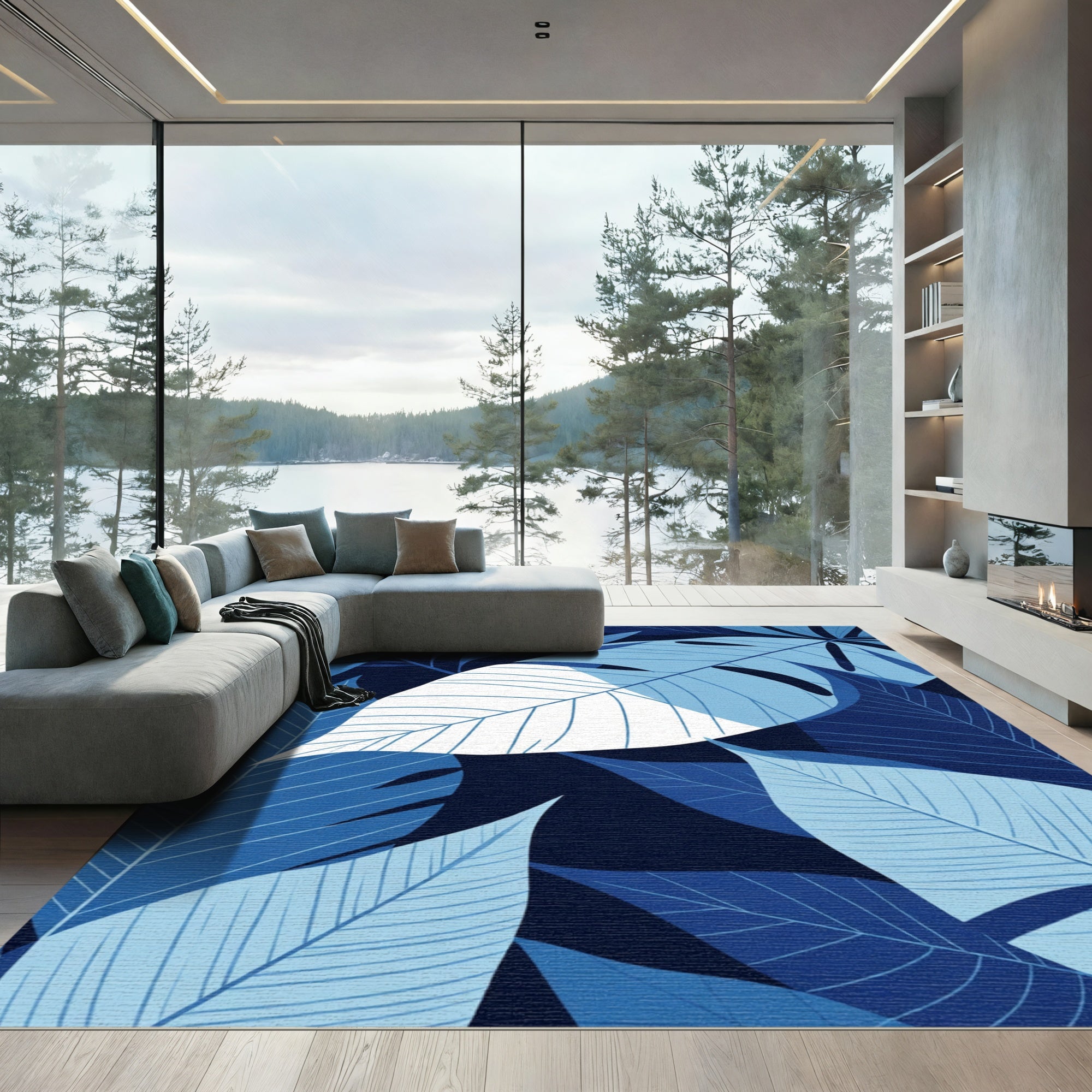 Deep Blue Tropical Foliage Rug