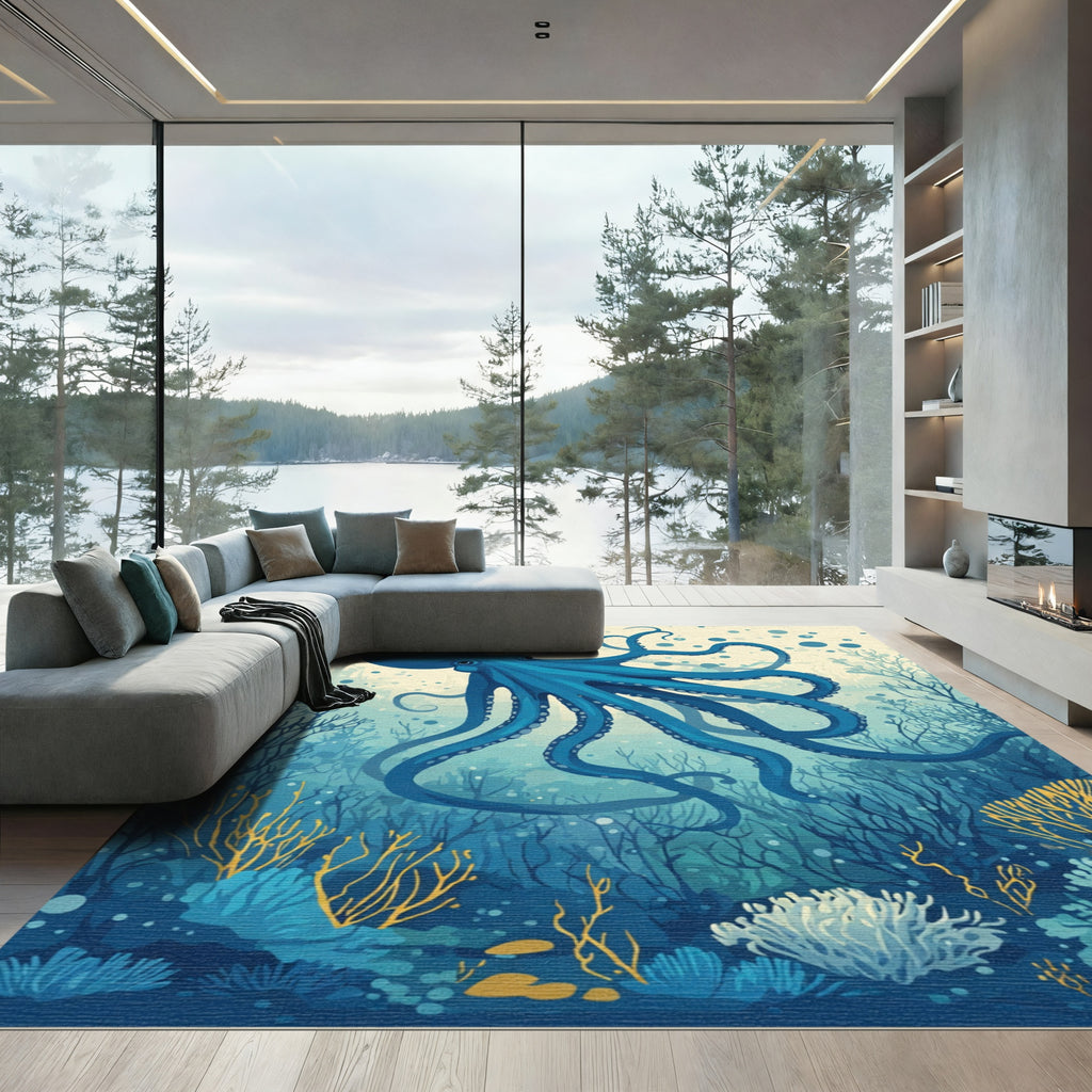 Deep Blue Ocean Octopus Coral Garden Rug
