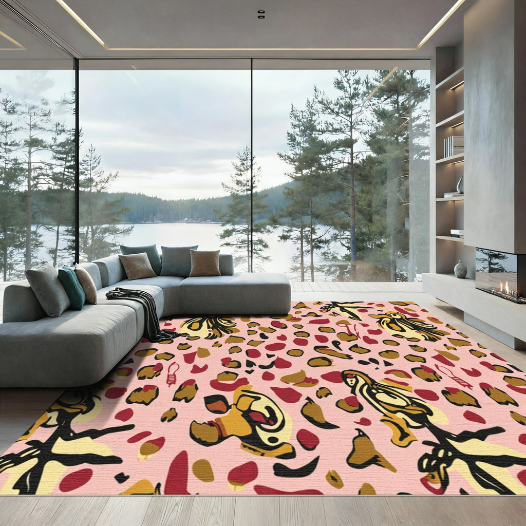 Whimsical Pink Cheetah Bird Collage Rug