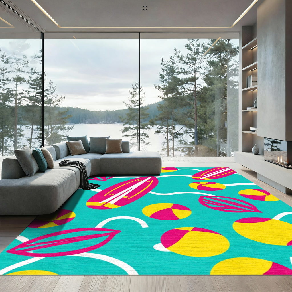 Hot Pink Surfboard Yellow Beach Ball Rug