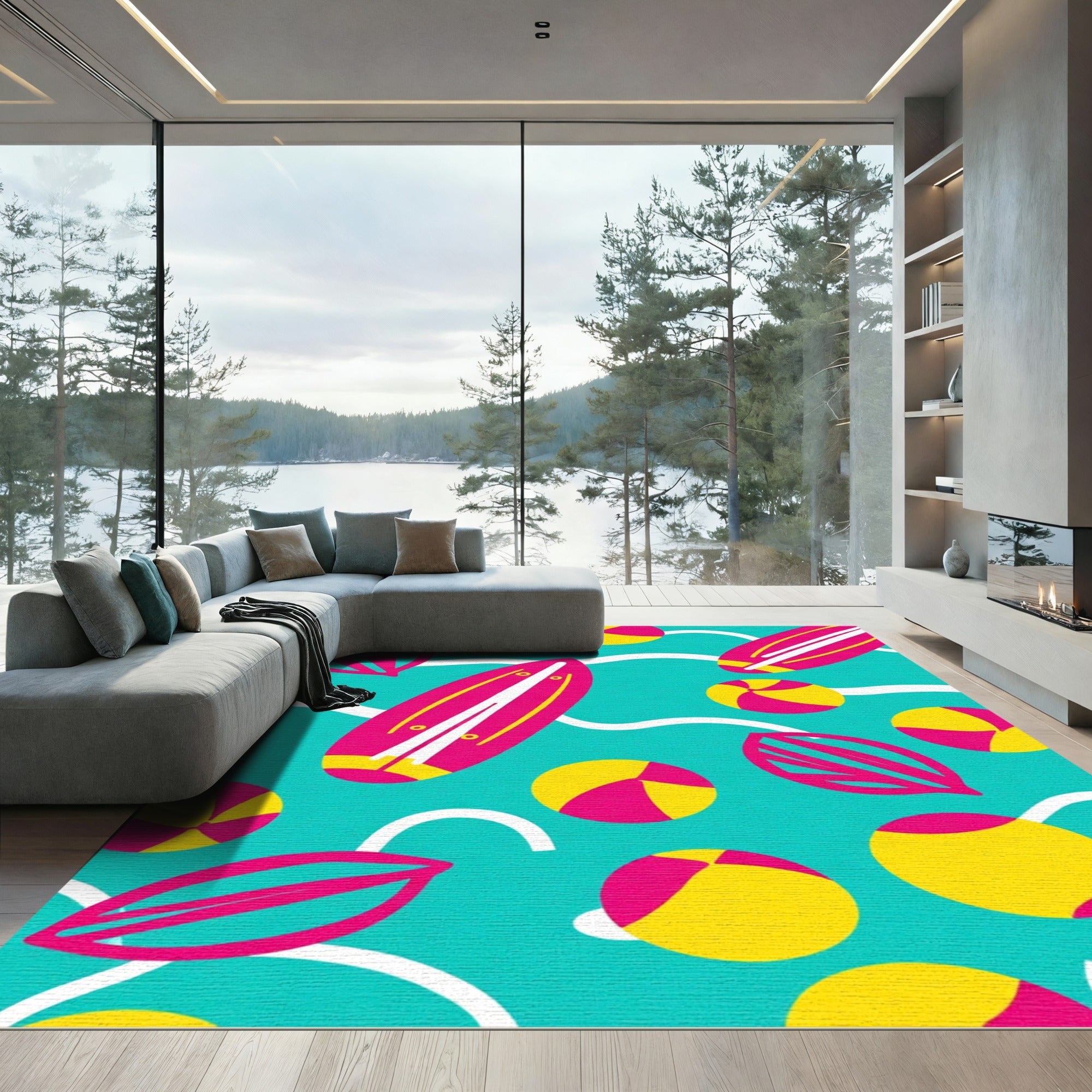 Hot Pink Surfboard Yellow Beach Ball Rug
