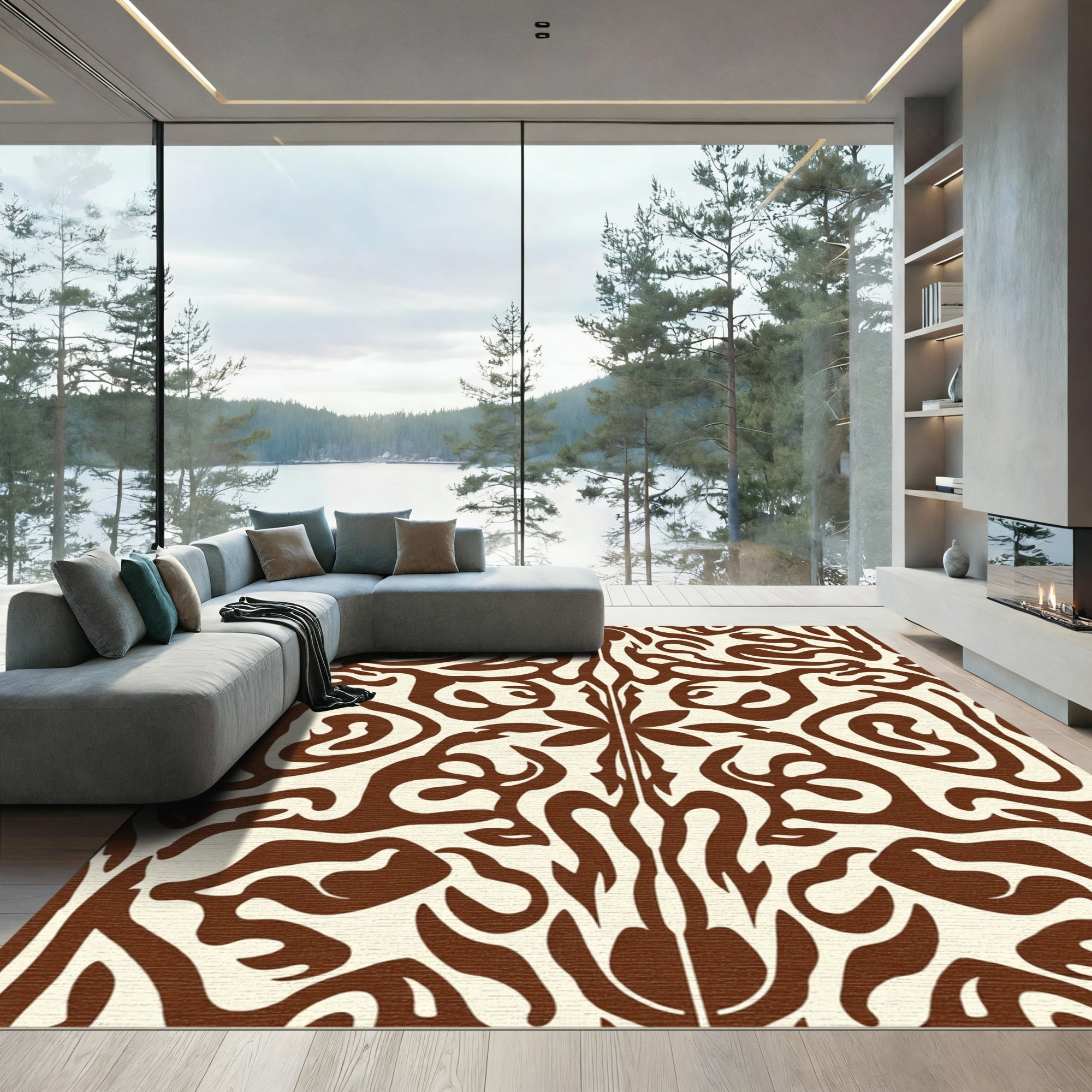 Brown Cream Organic Flowing Swirl Rug