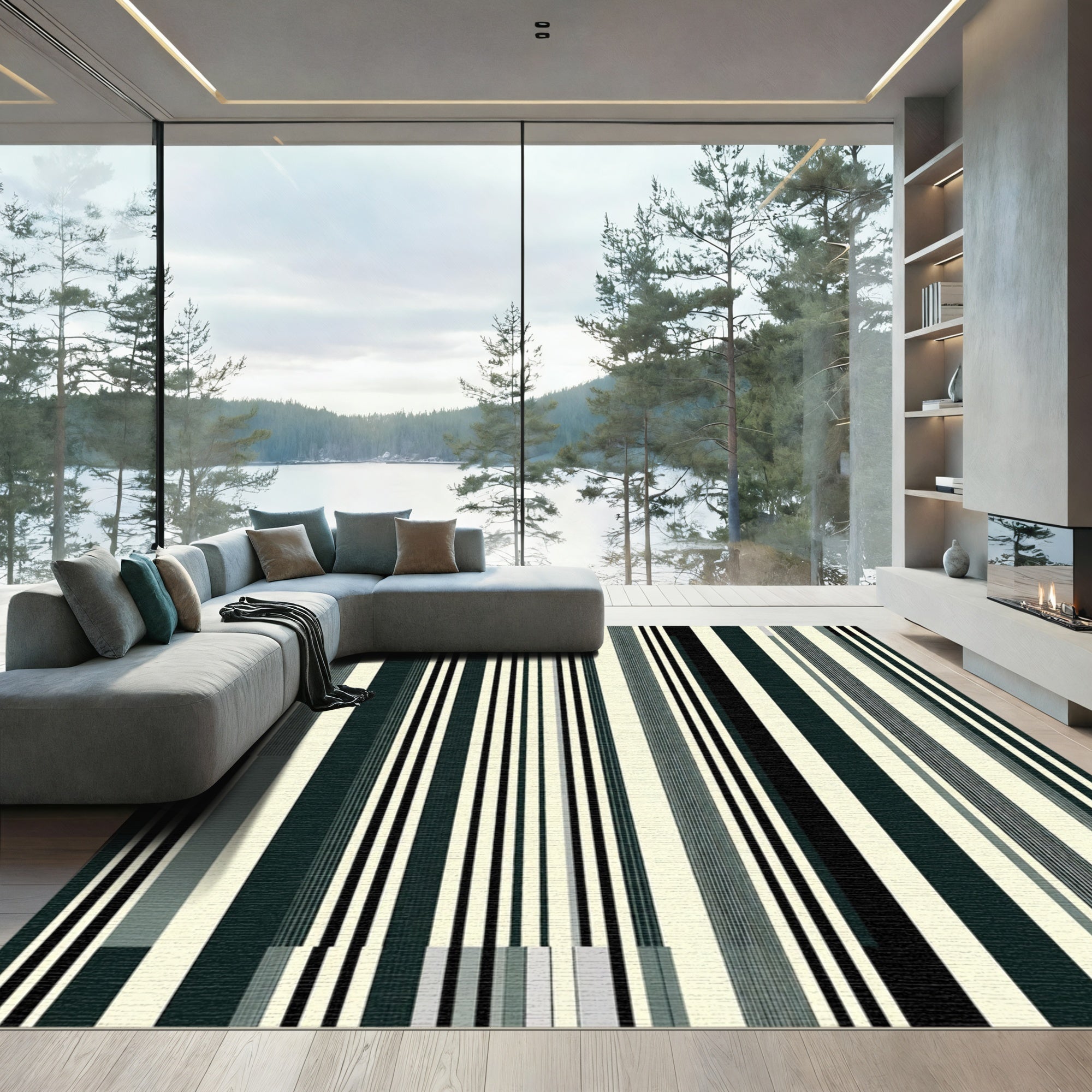 Modern Cream Black Vertical Stripe Rug
