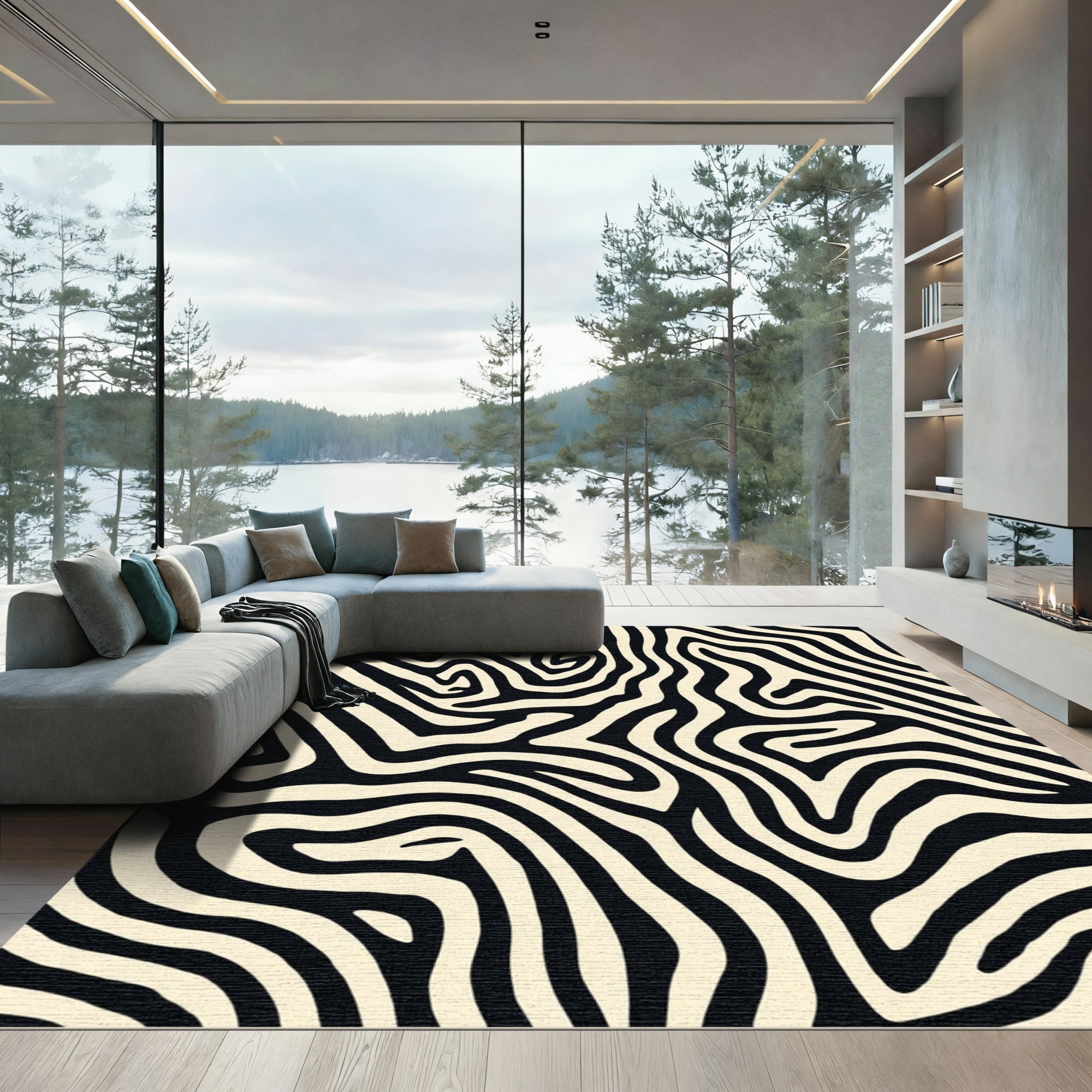 Cream Black Zebra Stripe Flow Rug