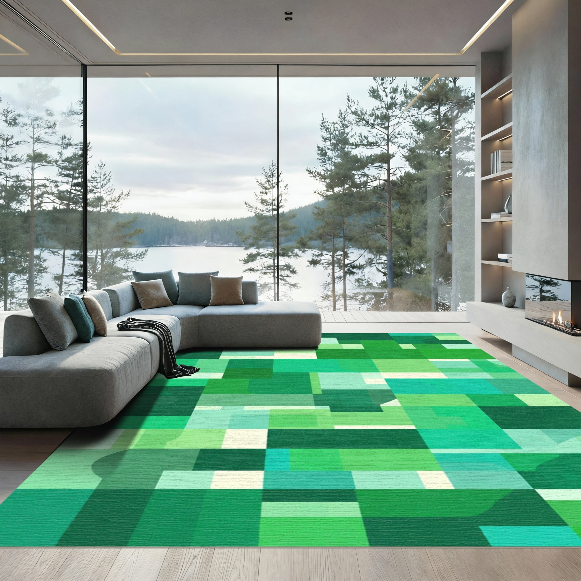 Emerald Abstract Geometric Overlapping Squares Rug