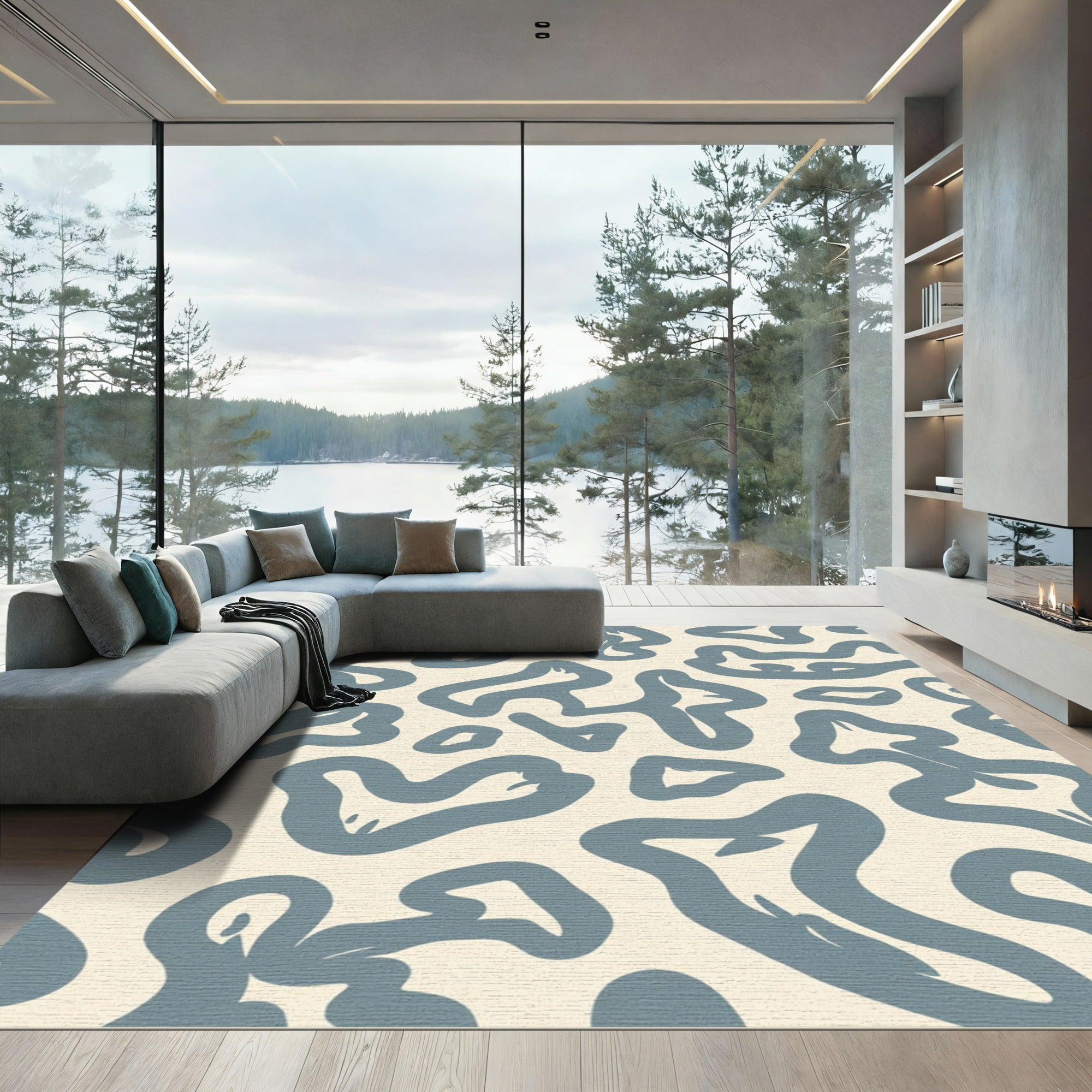 Dusky Blue Abstract Amorphous Shapes Rug