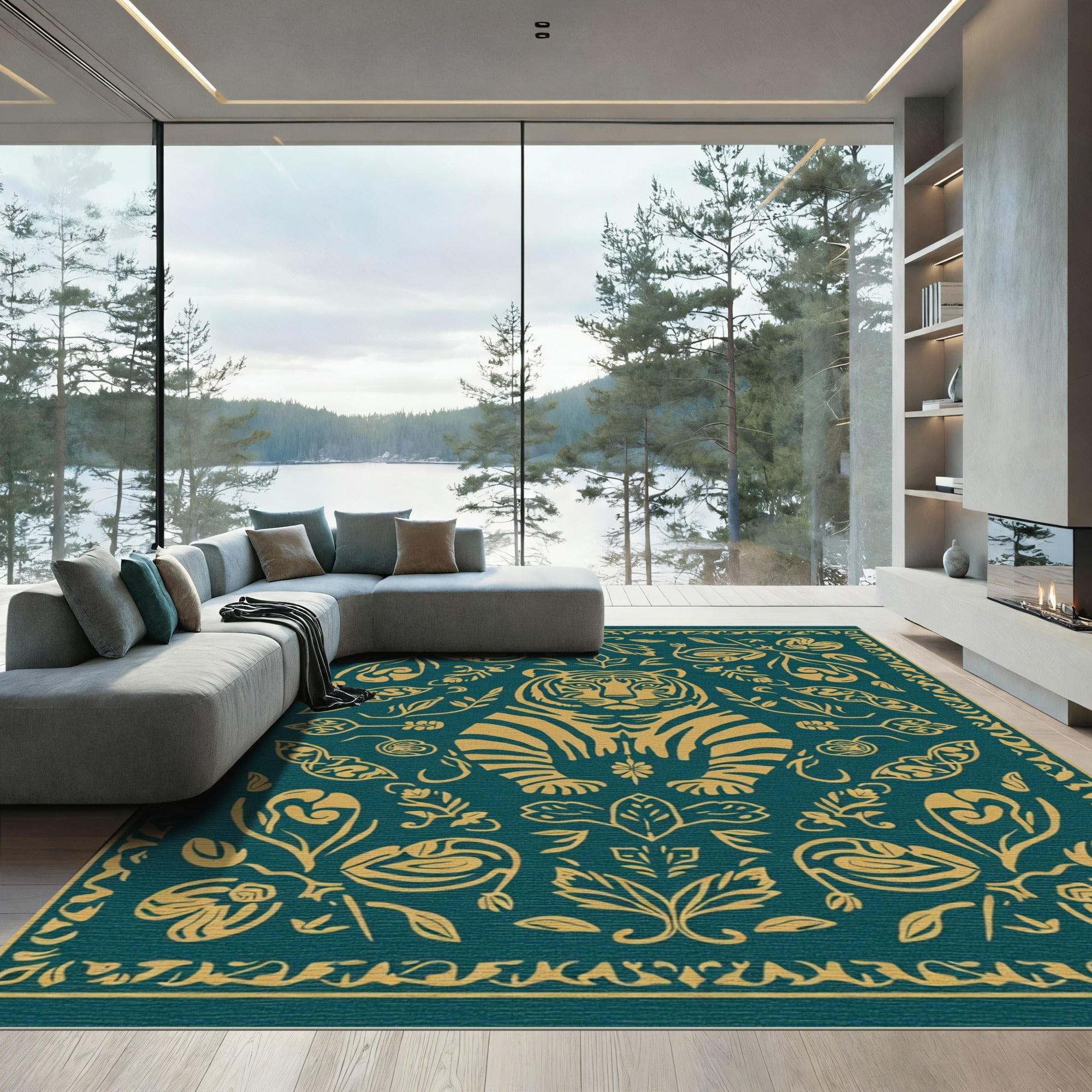 Golden Tiger Emerald Floral Tapestry Rug