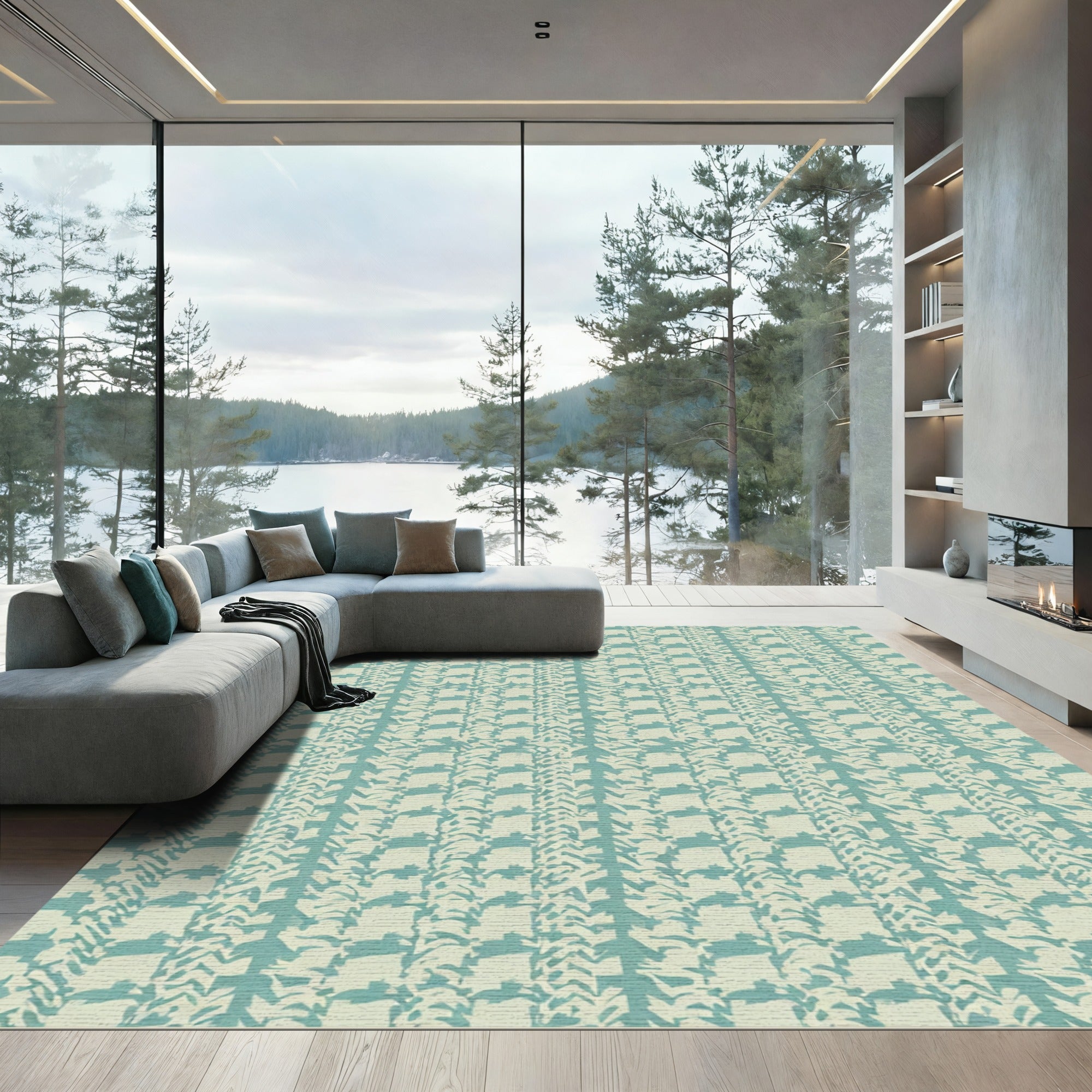 Teal Houndstooth Geometric Overlap Rug