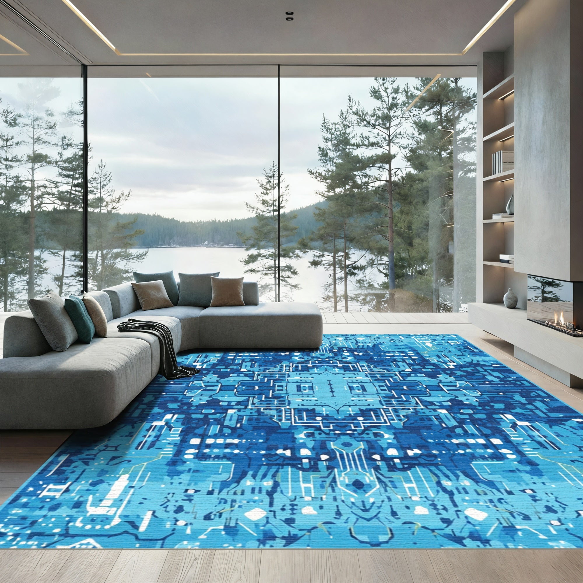 Cybernetic Deep Blue Circuit Board Rug
