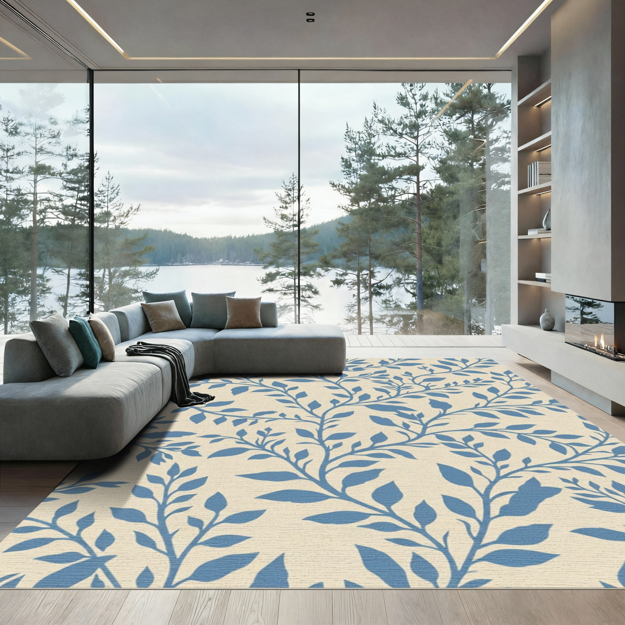 Blue Leafy Vine Cream Area Rug