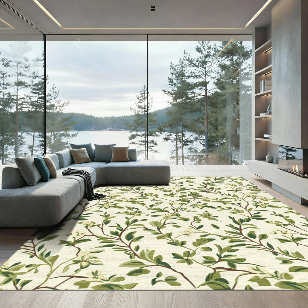 Green Leafy Vine Floral Cream Rug