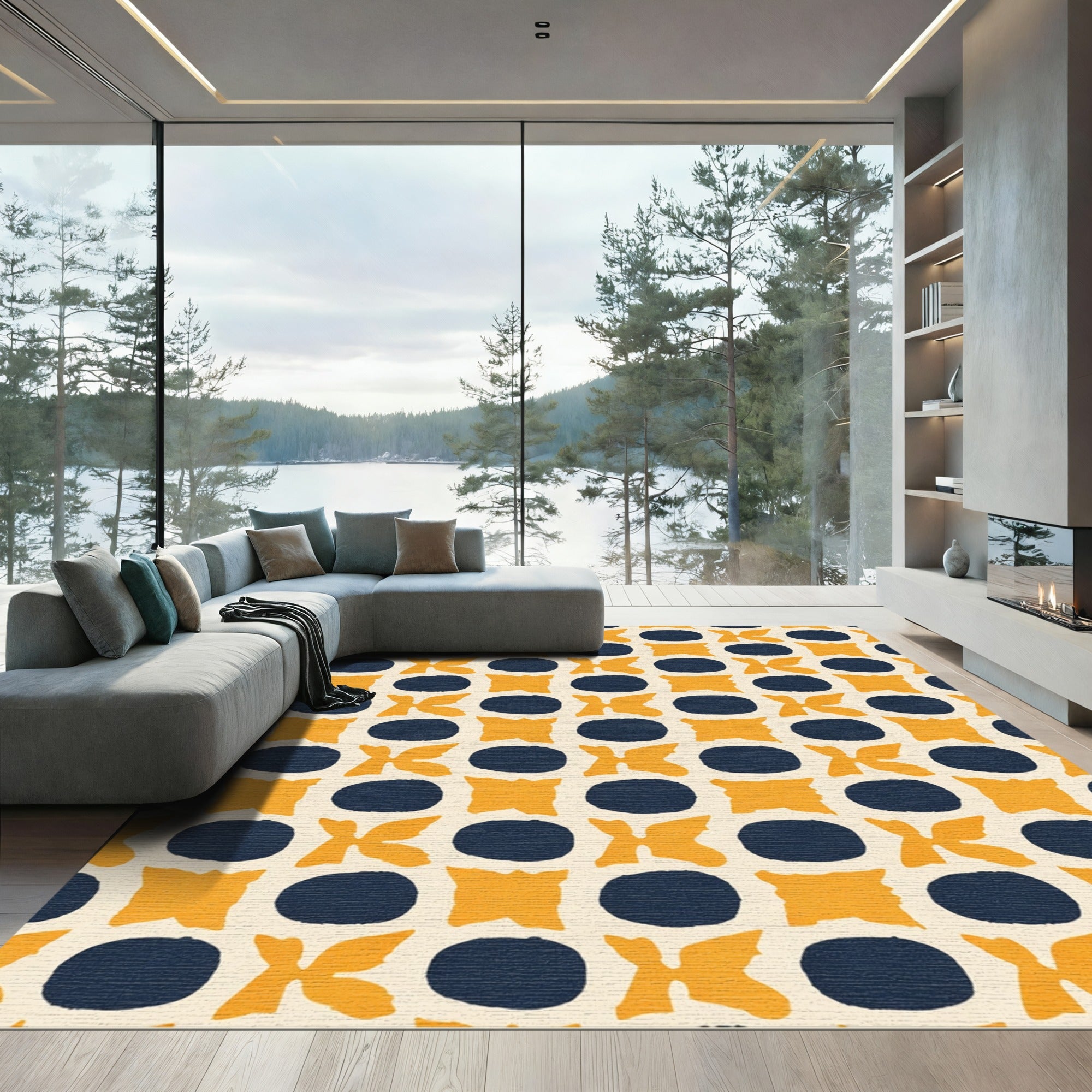 Orange Blue Geometric Oval Blossom Rug