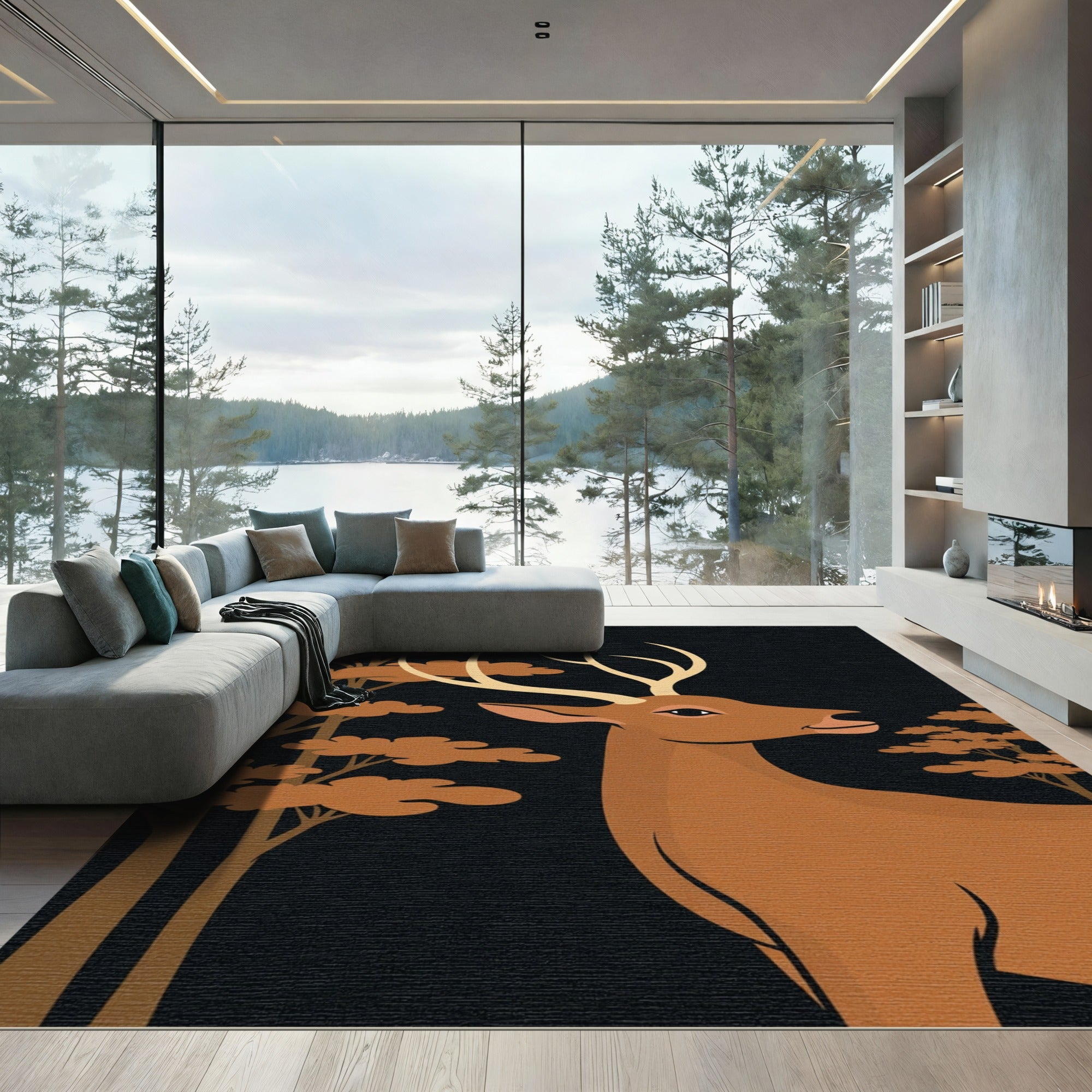 Brown Deer Forest Scene Rug