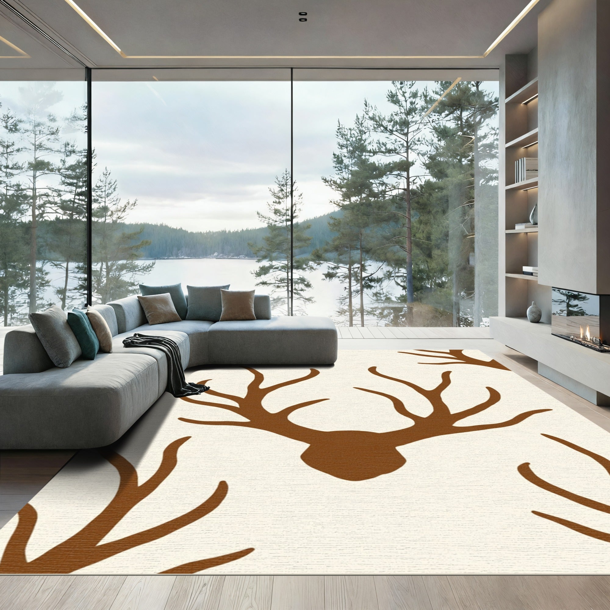 Brown Antler Silhouette Cream Rug