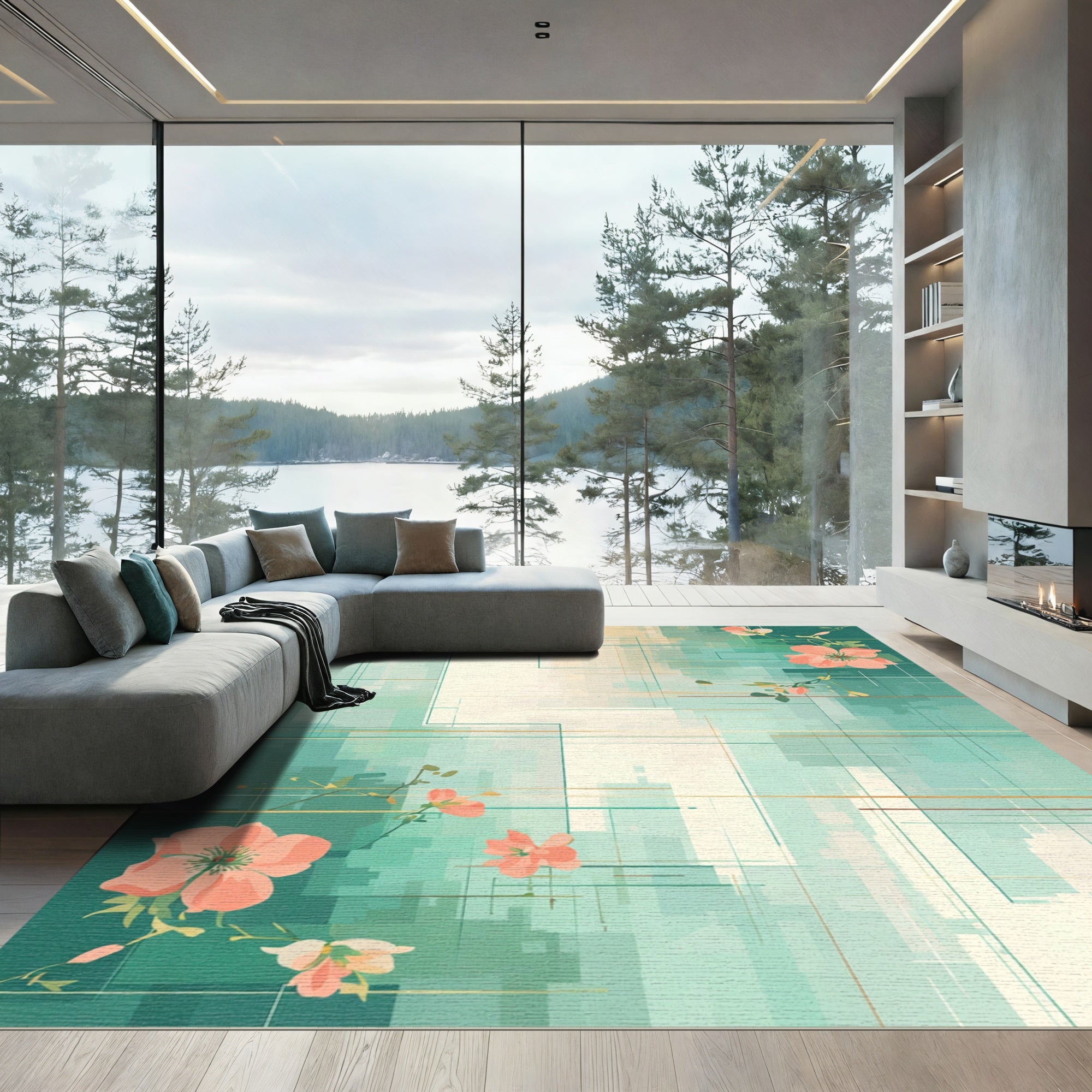 Coral Blossom Geometric Grid Rug